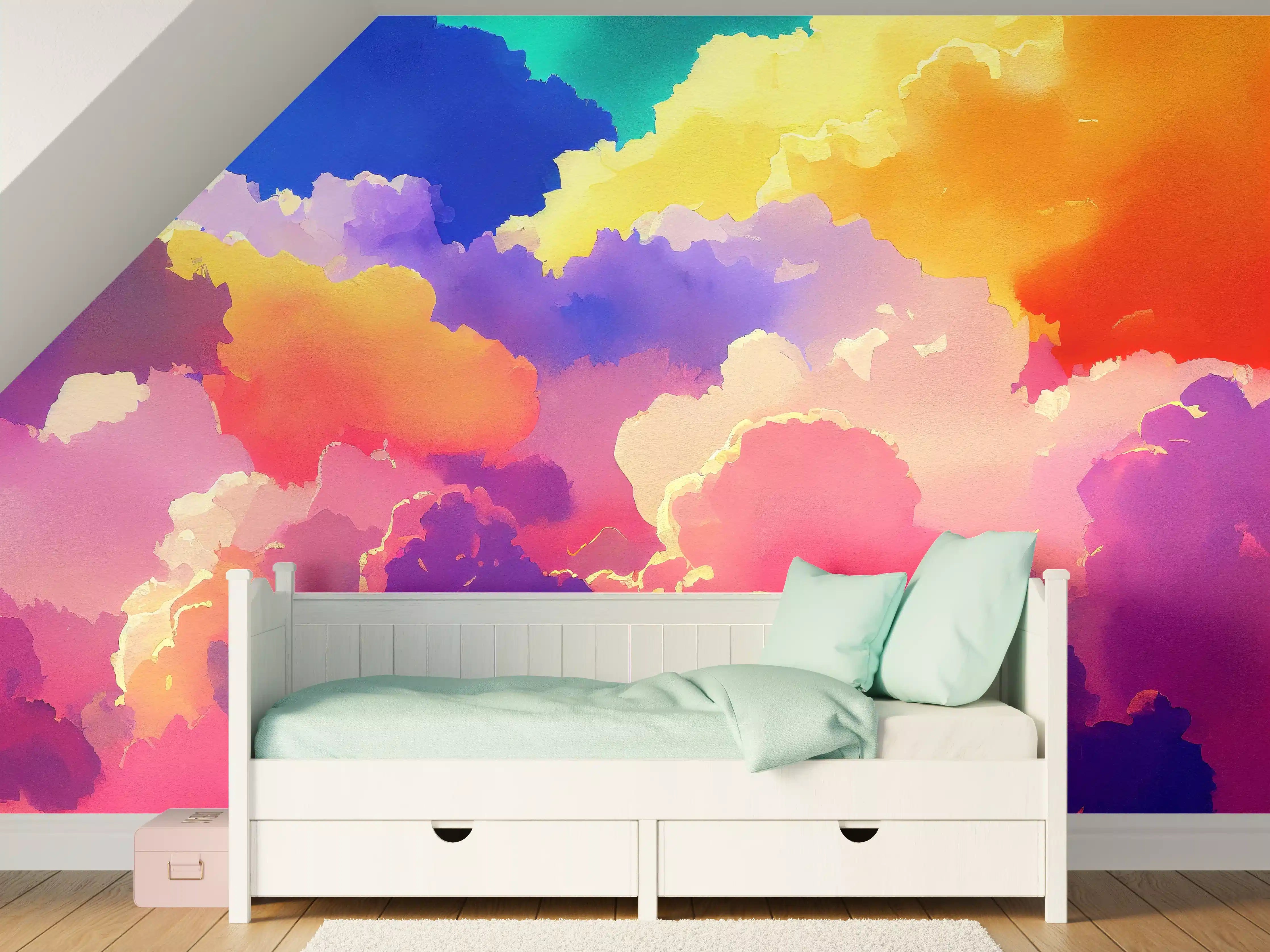 Kinderzimmer Wandgestaltung - Himmel mit Wolken. Aquarell Illustration von farbigen Wolken.