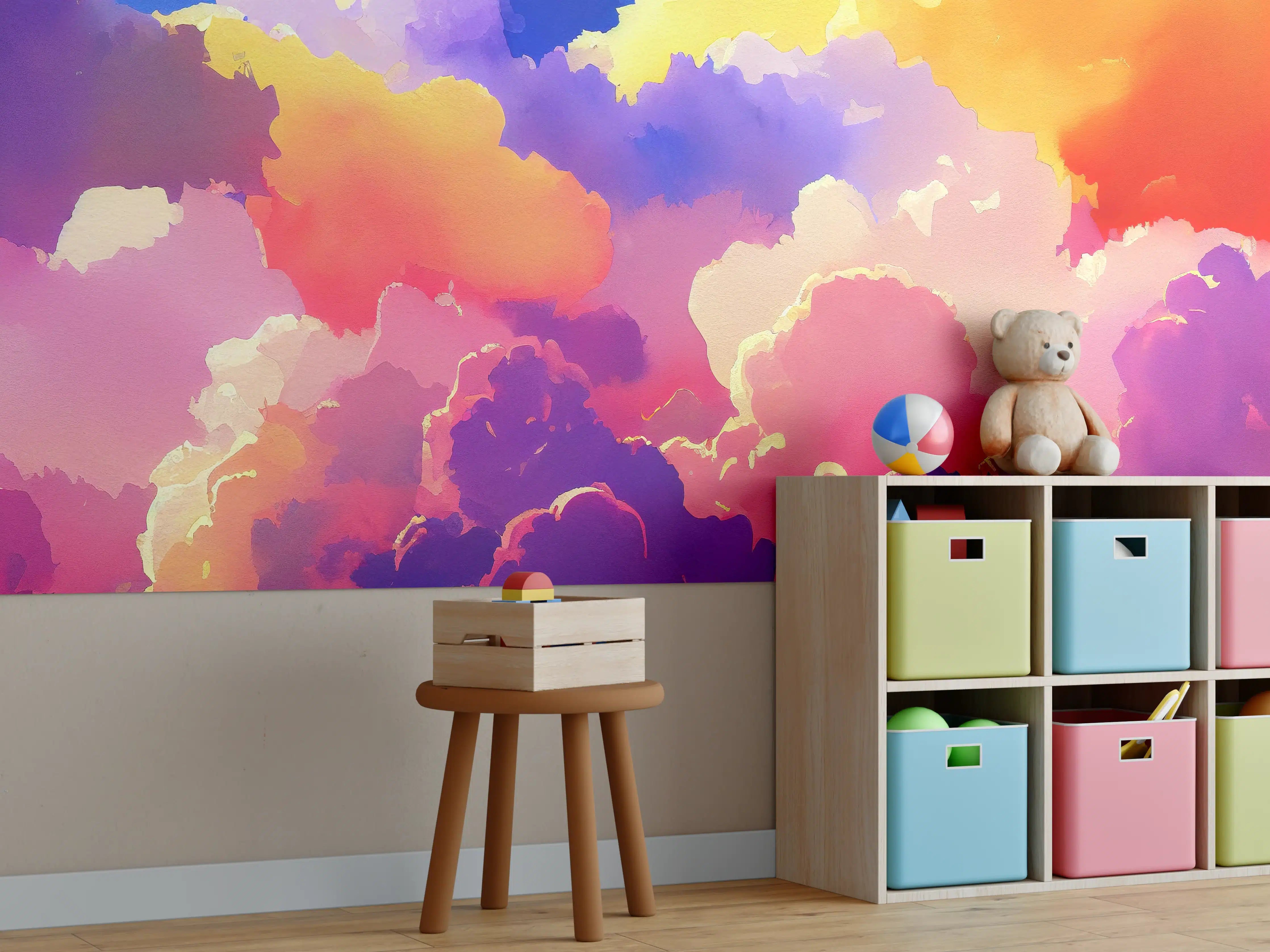 Kinderzimmer Wandgestaltung - Himmel mit Wolken. Aquarell Illustration von farbigen Wolken.