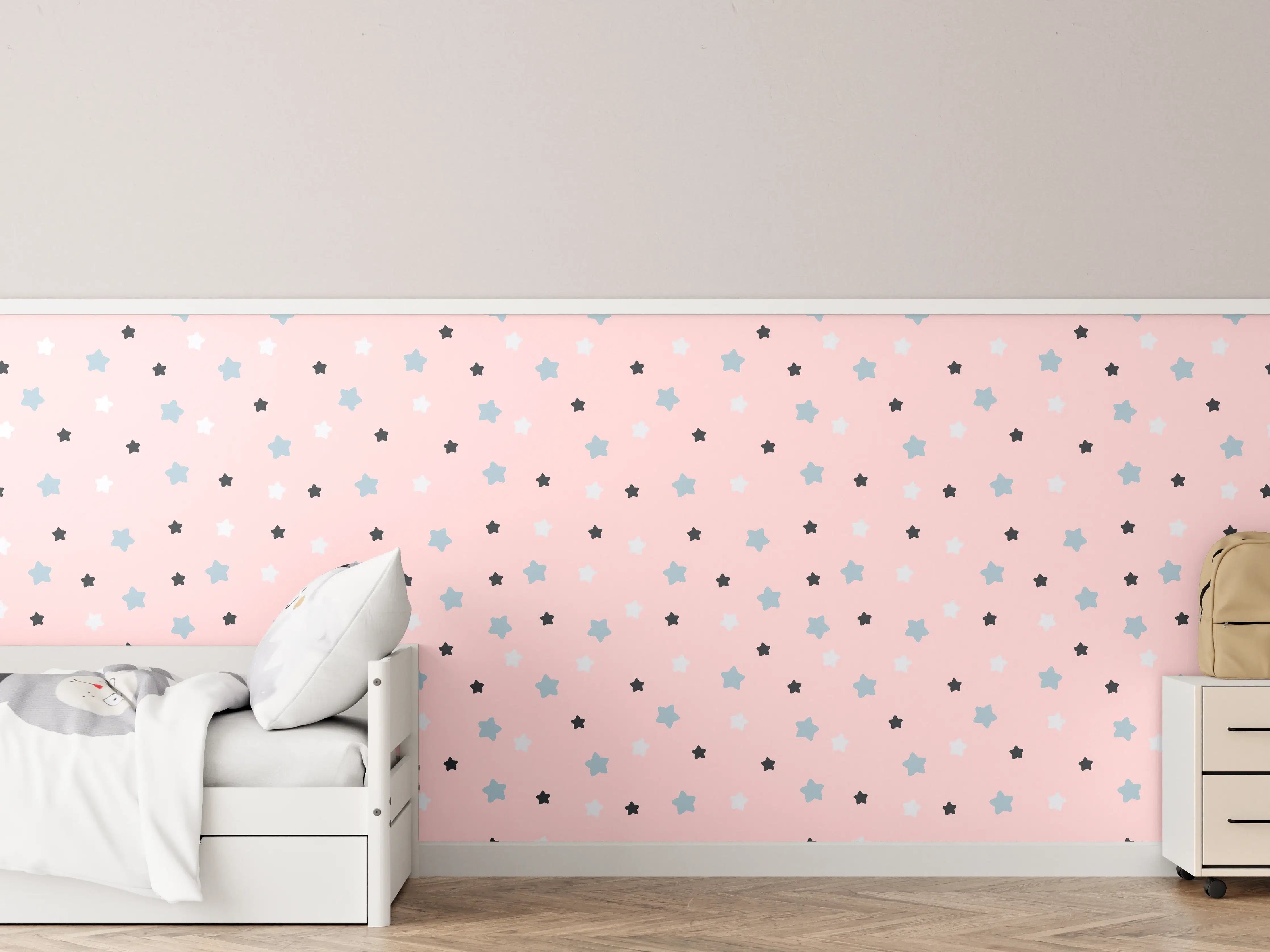 Kinderzimmer Wandgestaltung - Himmel mit bunten Sternen auf pinkem Hintergrund