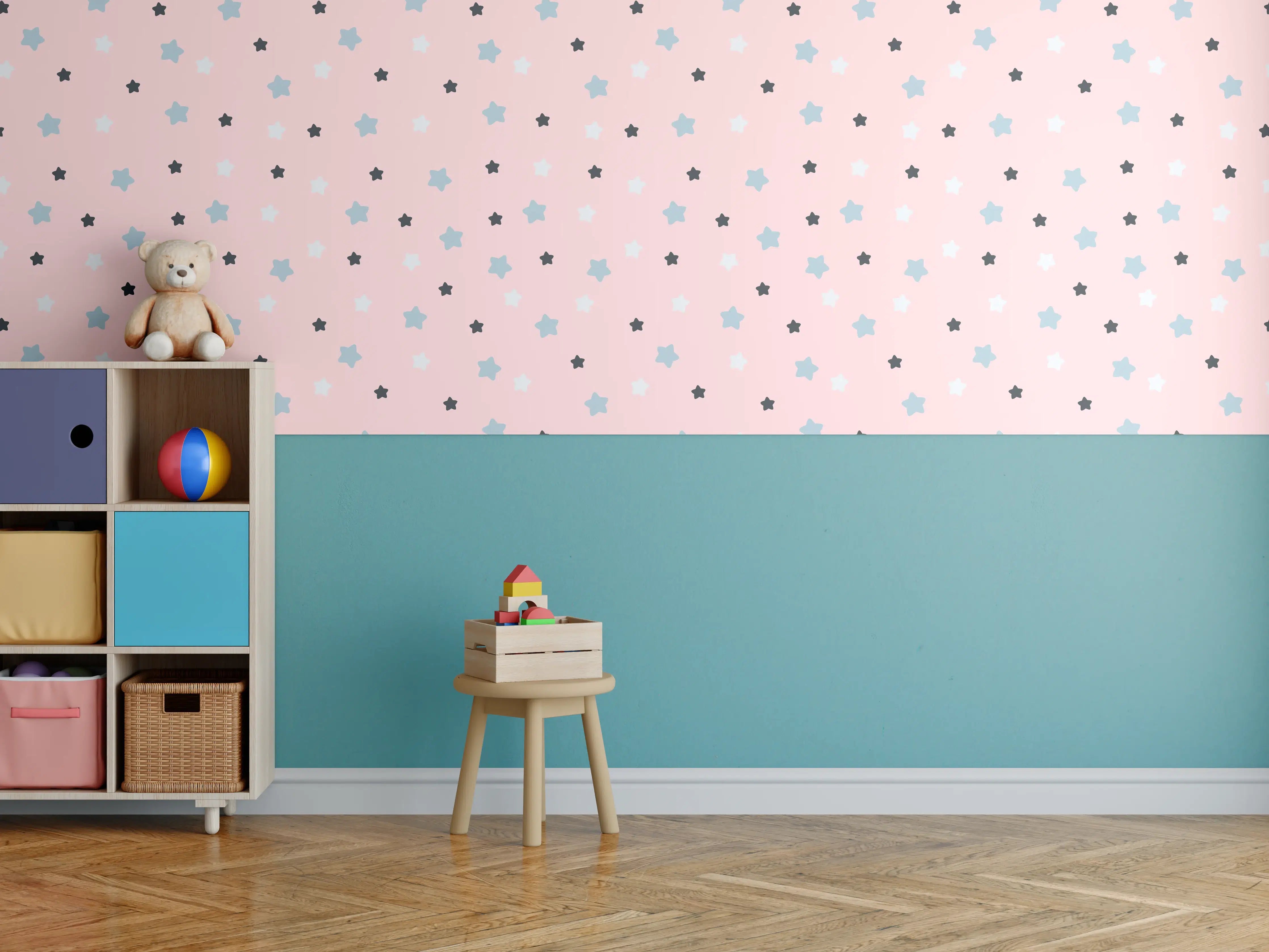 Kinderzimmer Wandgestaltung - Himmel mit bunten Sternen auf pinkem Hintergrund