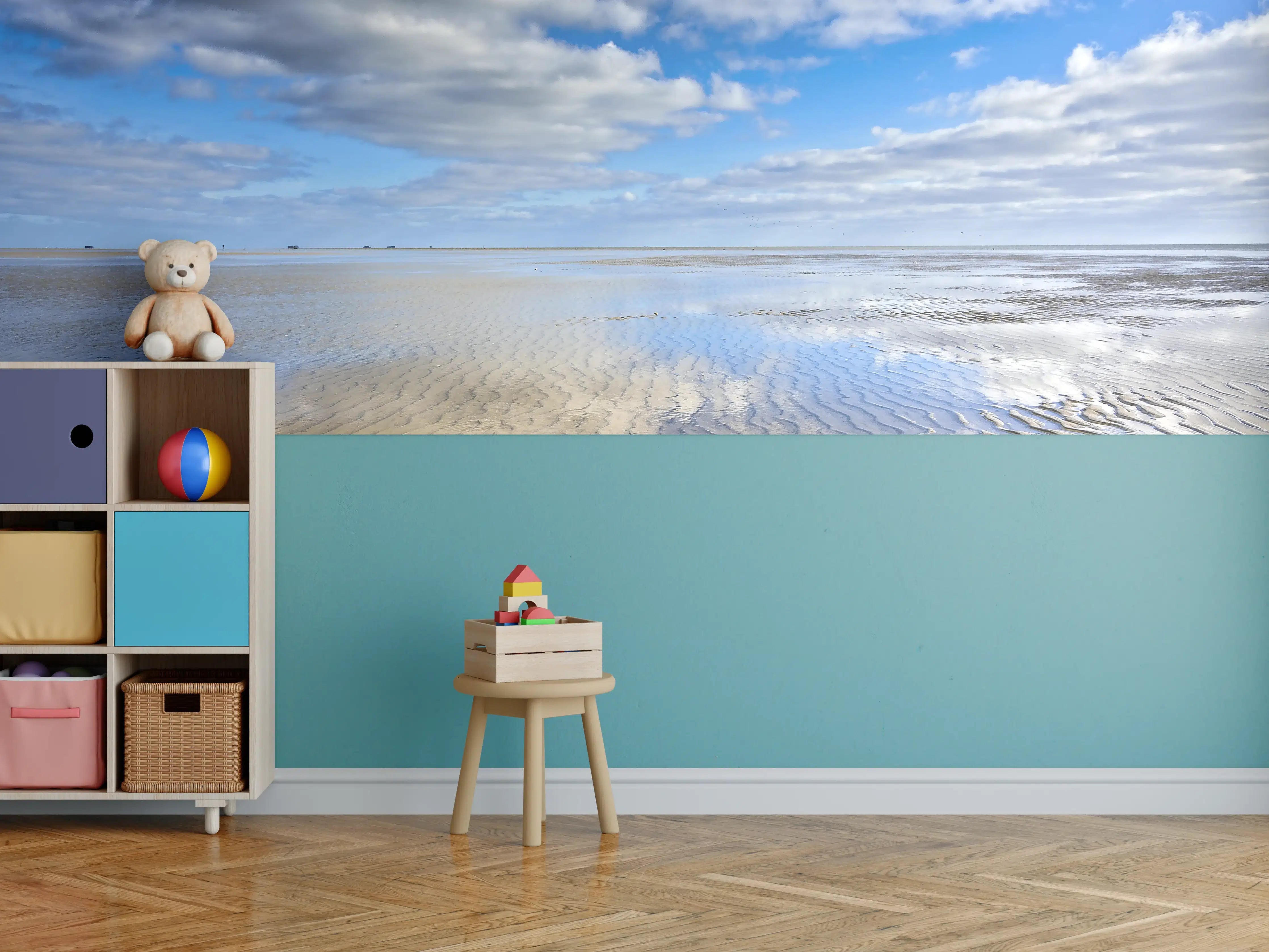 Kinderzimmer Wandgestaltung - Himmel über Watt mit Wolken und Wasserreflexion