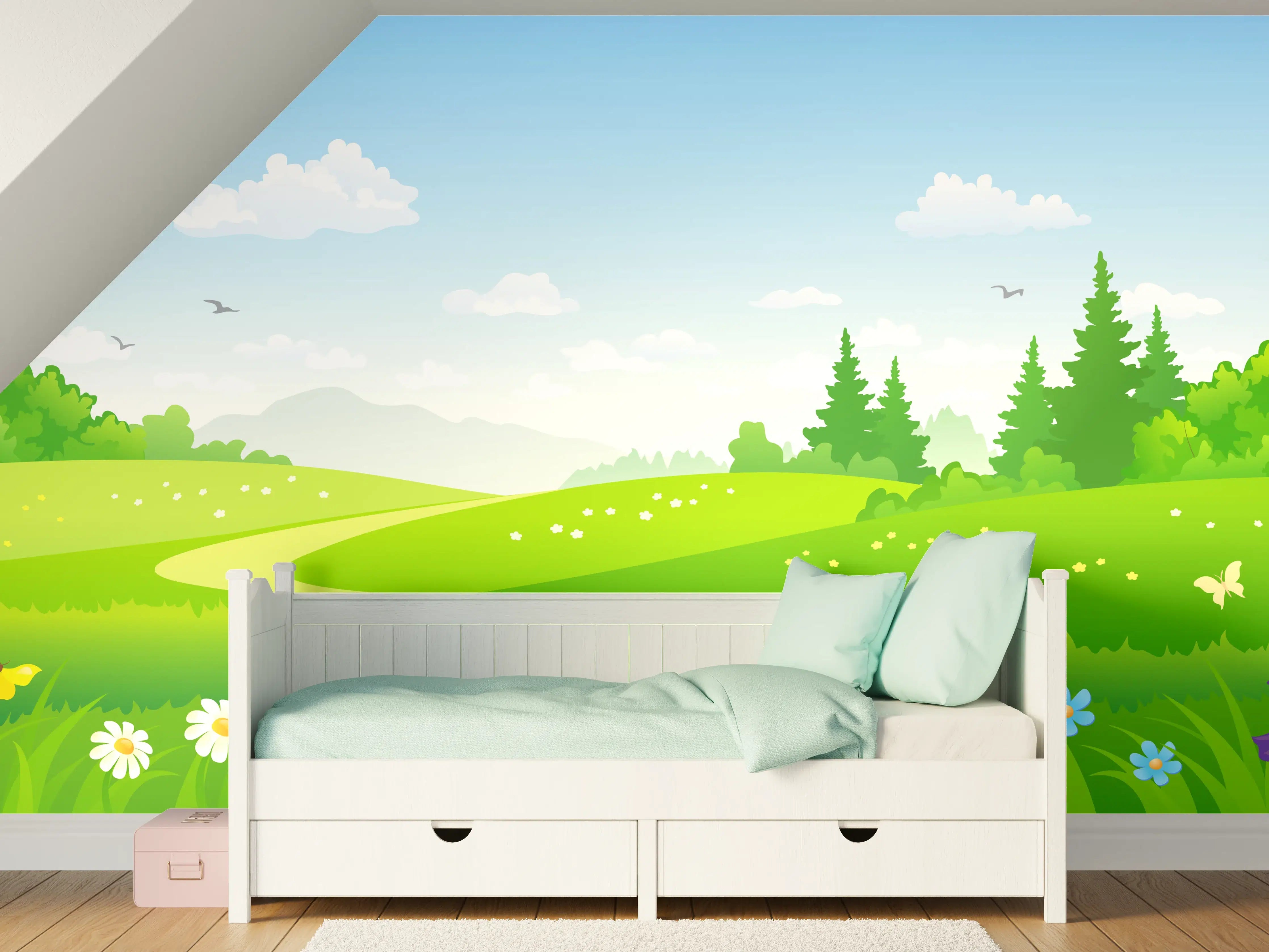 Kinderzimmer Wandgestaltung - Himmel und Blumenwiese im Frühling