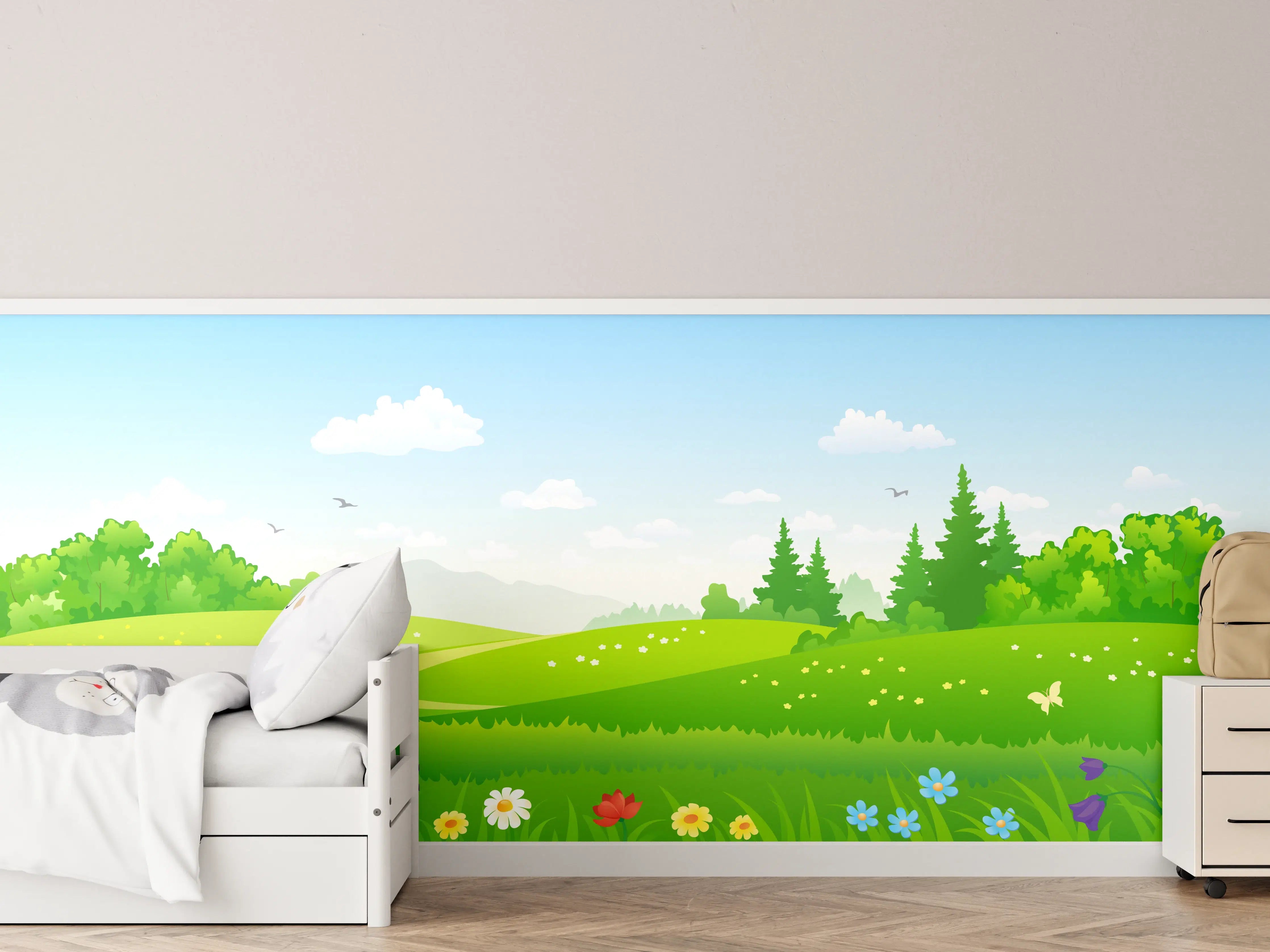Kinderzimmer Wandgestaltung - Himmel und Blumenwiese im Frühling