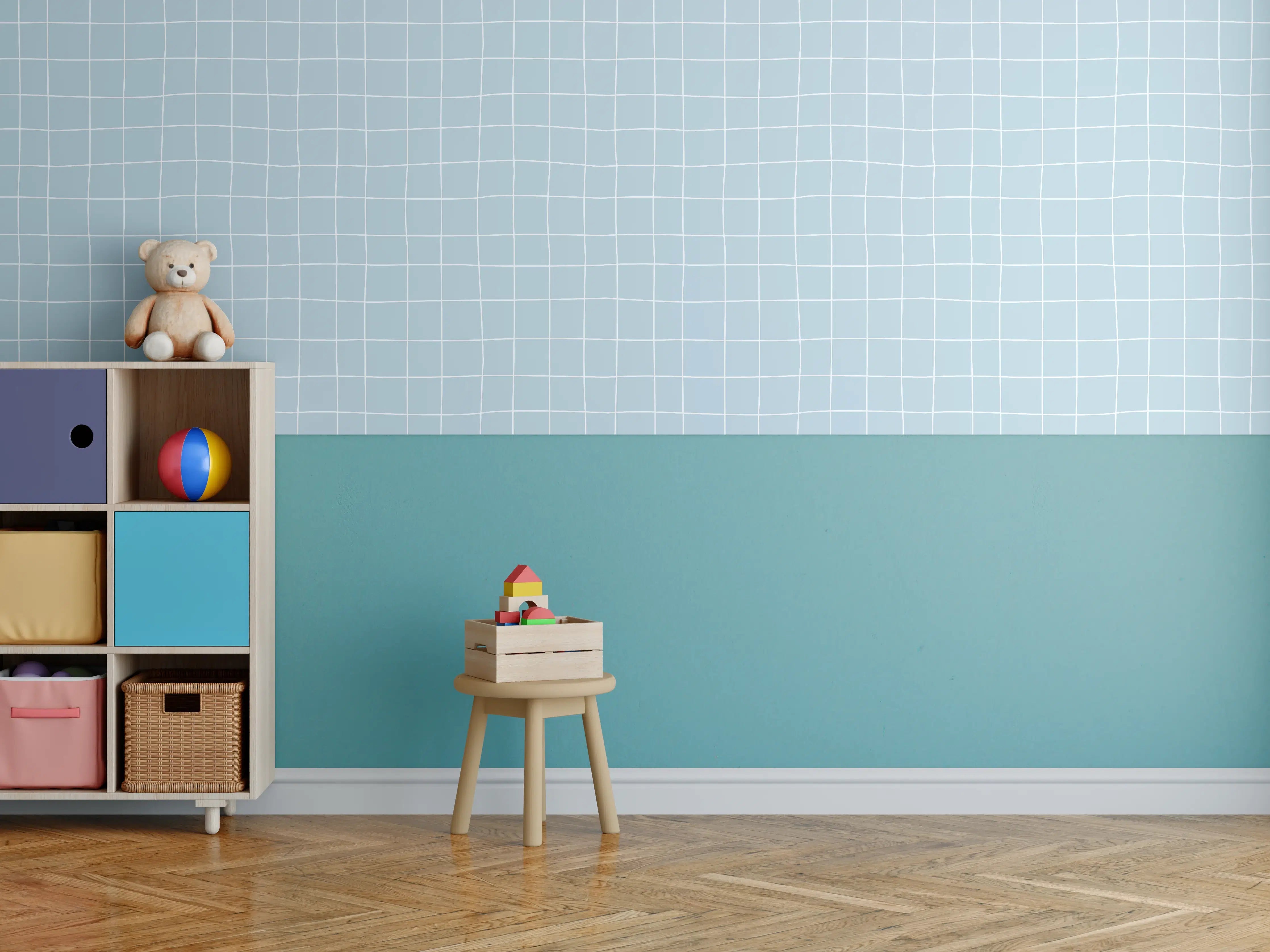 Kinderzimmer Wandgestaltung - Himmelblauer Buntglas-Textur mit feinen Linien