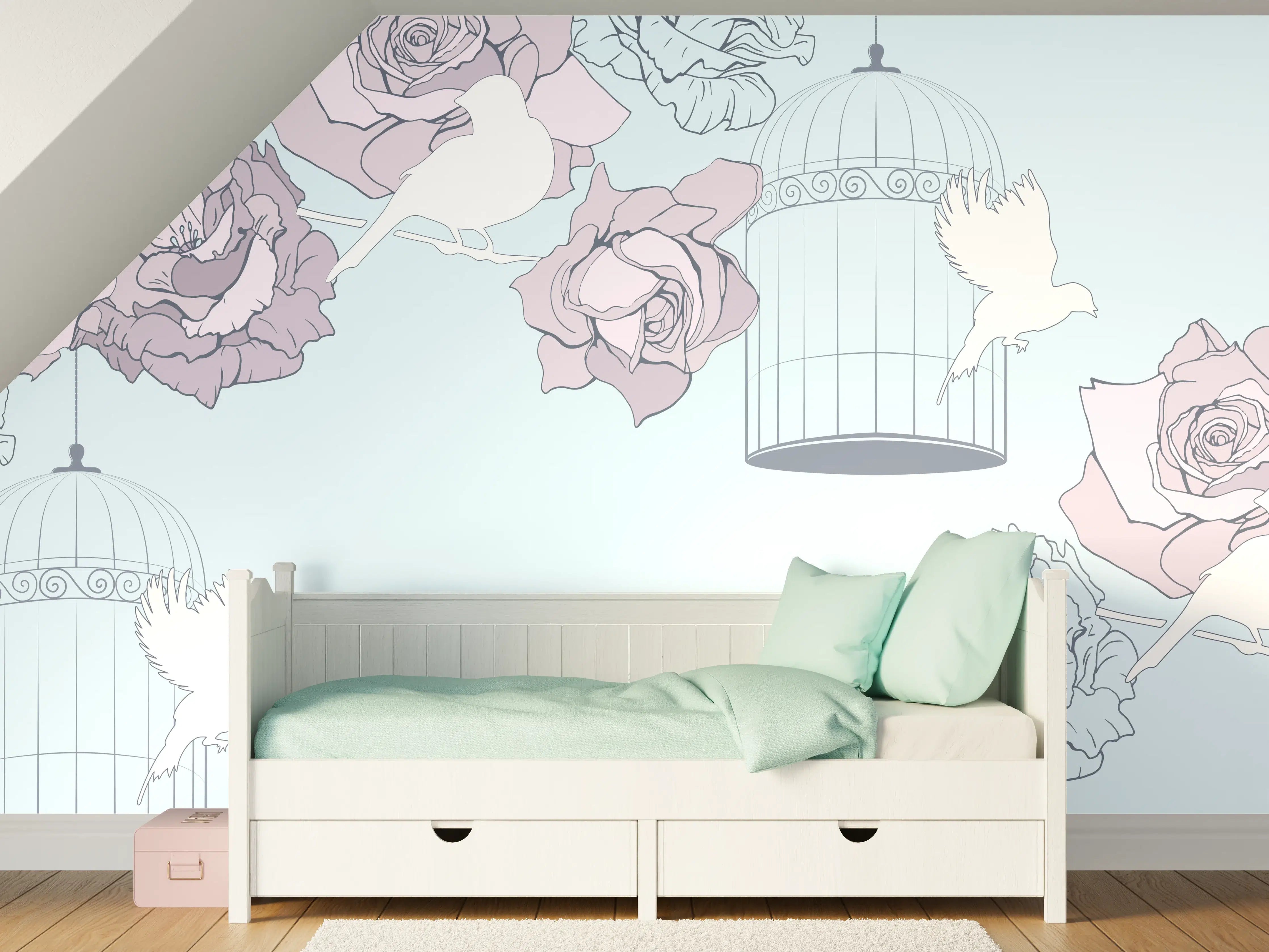 Kinderzimmer Wandgestaltung - Himmlische Rosen und Hummeln in Pastell