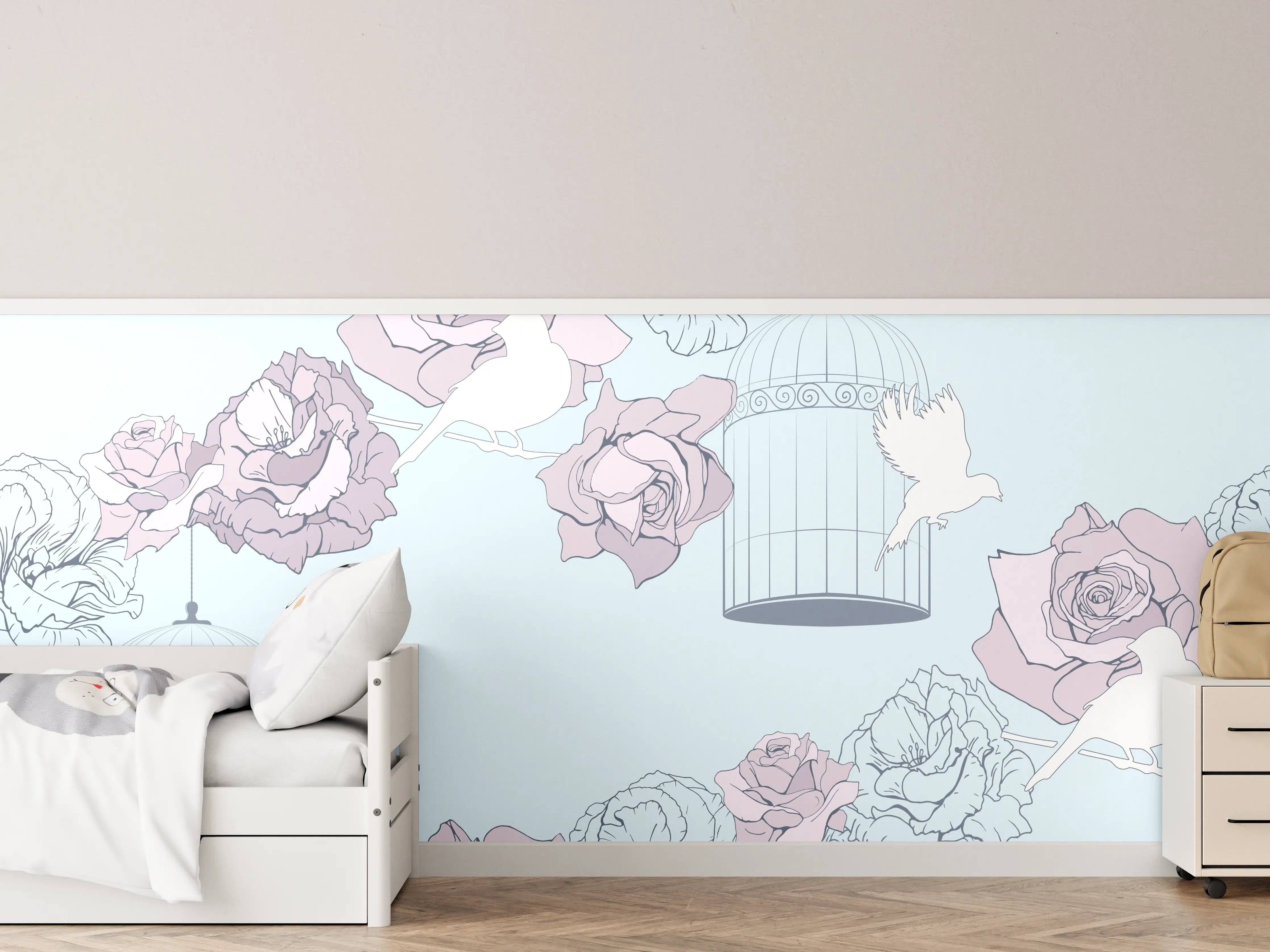 Kinderzimmer Wandgestaltung - Himmlische Rosen und Hummeln in Pastell
