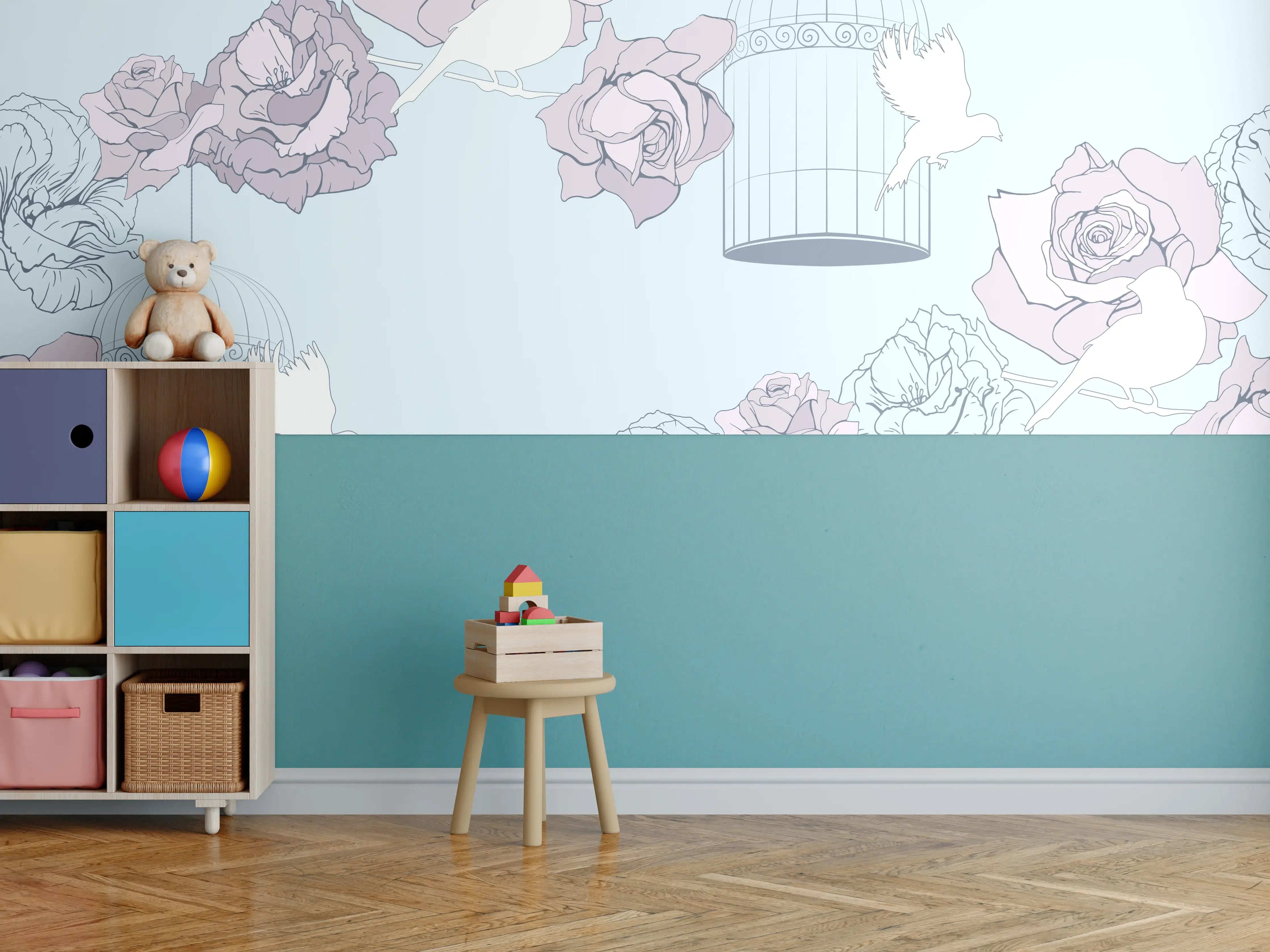 Kinderzimmer Wandgestaltung - Himmlische Rosen und Hummeln in Pastell