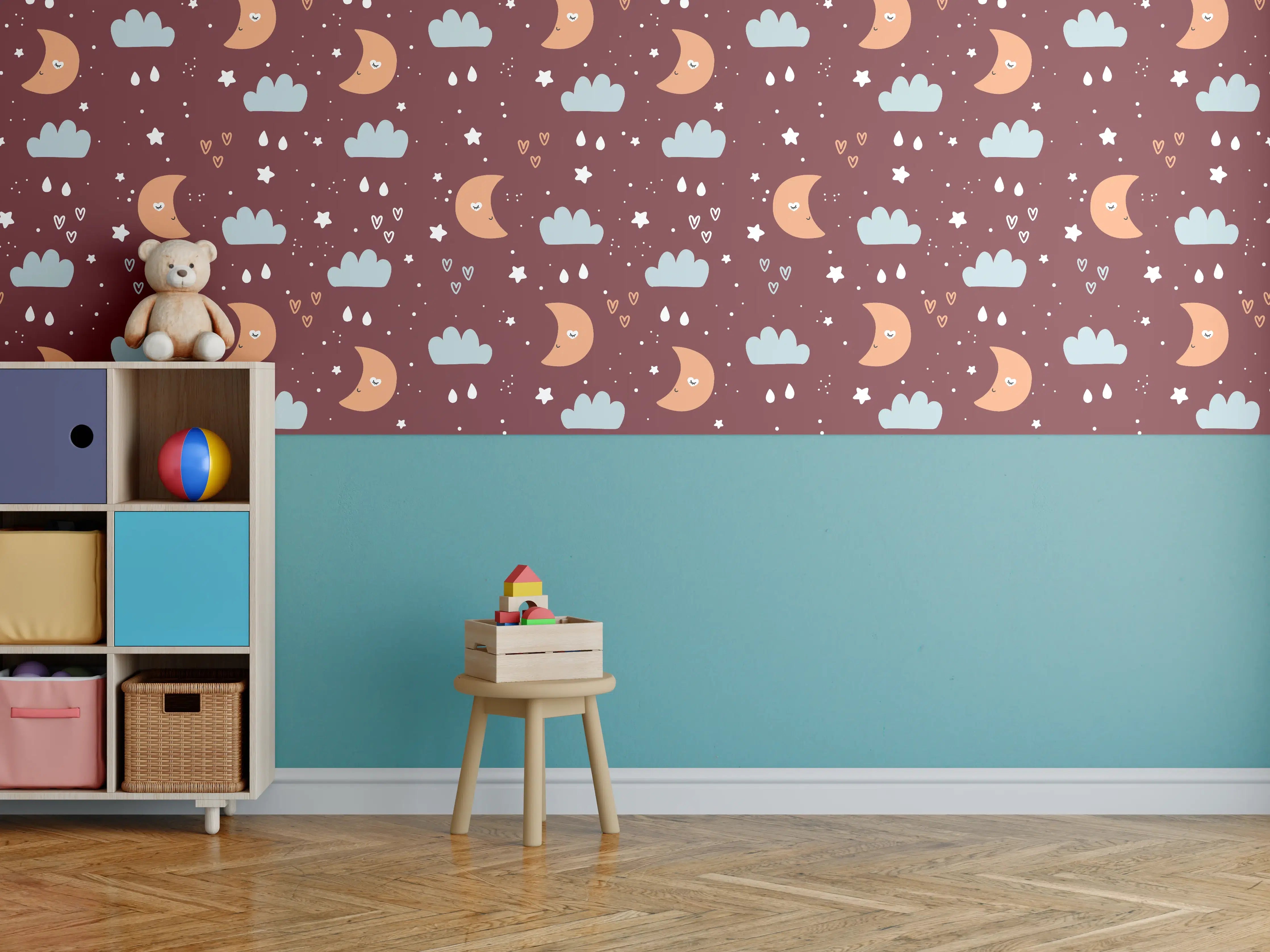 Kinderzimmer Wandgestaltung - Himmlische in der Nacht mit Wolken und Stern
