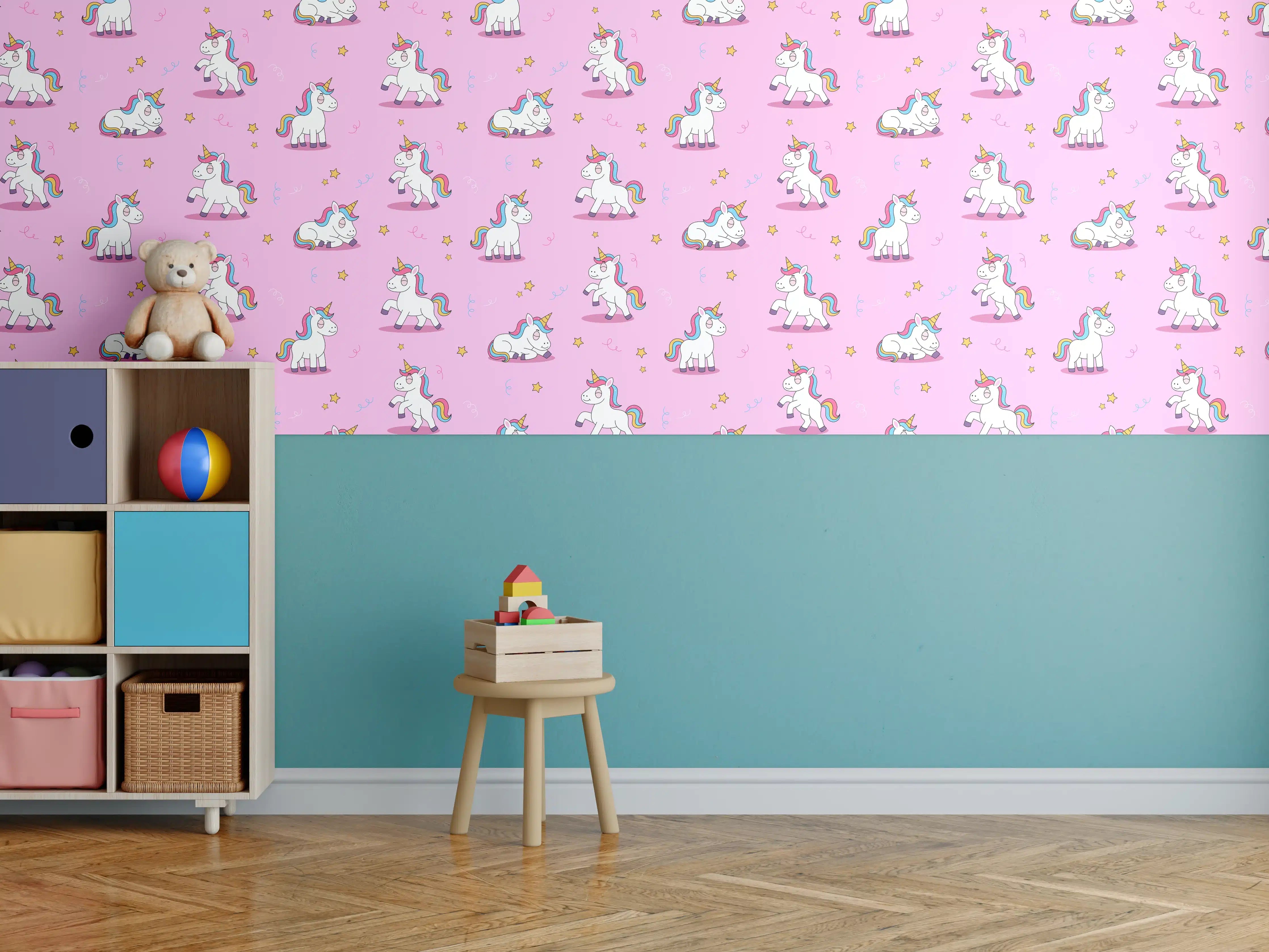 Kinderzimmer Wandgestaltung - Himmlischer Einhorn-Zauber auf Buntem Hintergrund