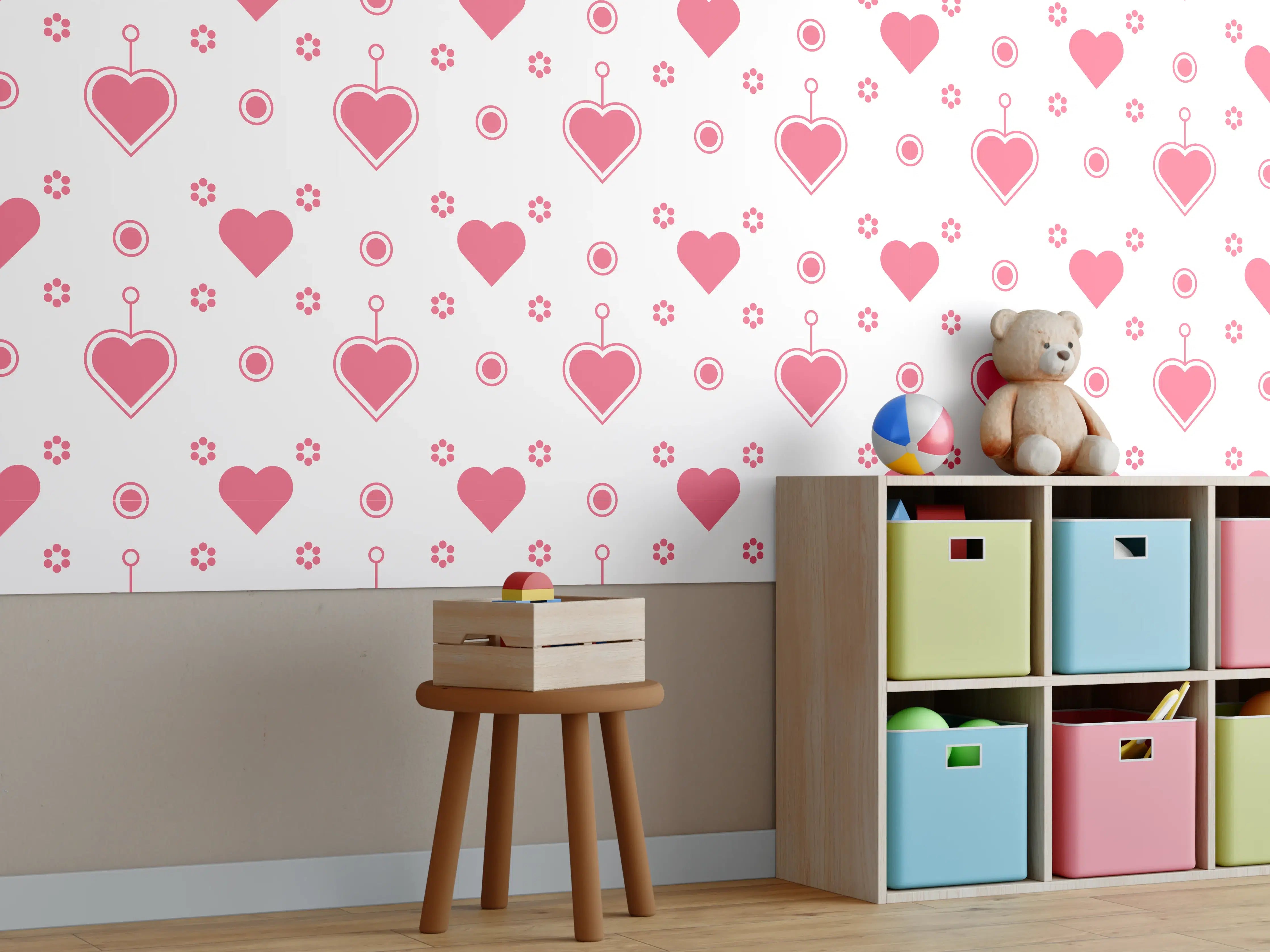Kinderzimmer Wandgestaltung - Hintergrund mit Herzen und Kreisen in Pink und Weiß