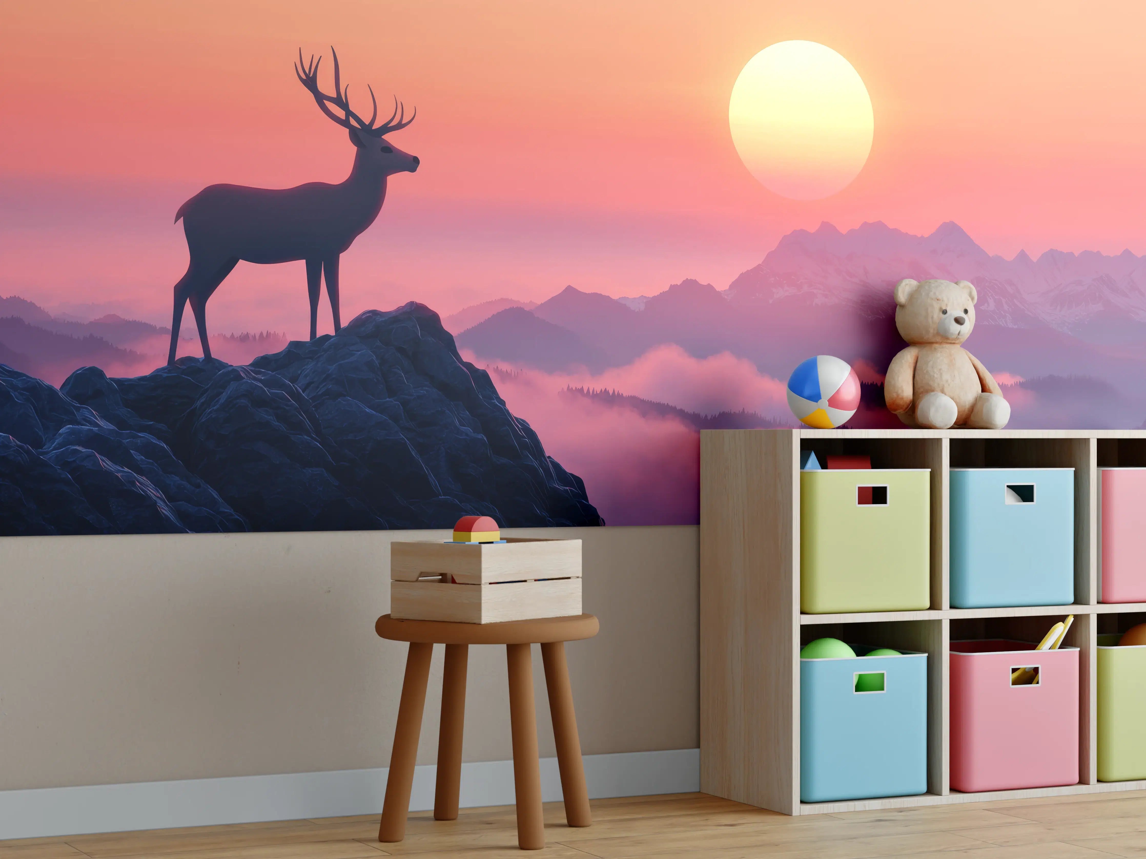 Kinderzimmer Wandgestaltung - Hirsch-Silhouette Sonnenaufgang Orange-Pink