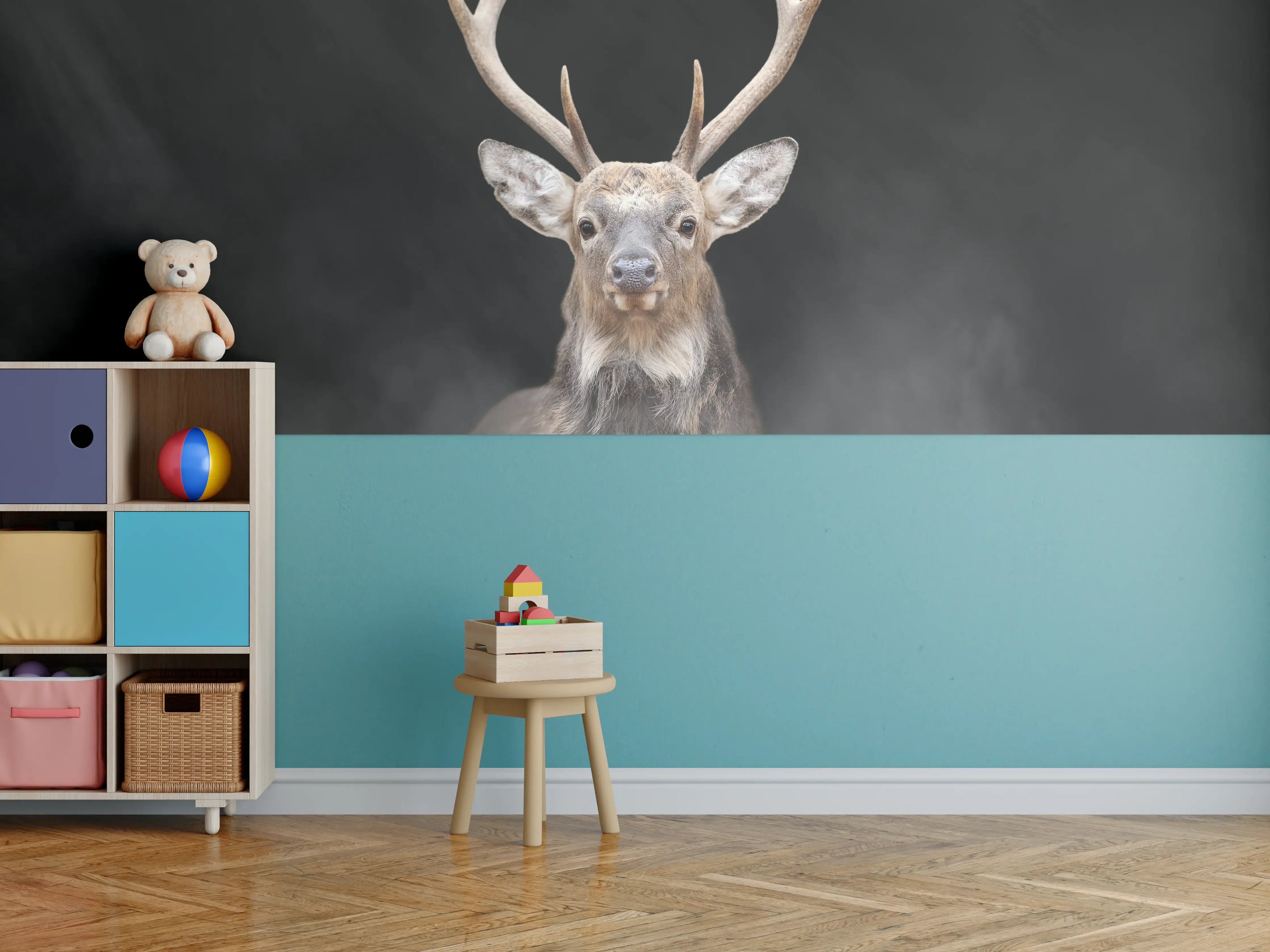 Kinderzimmer Wandgestaltung - Hirsch frontal im Nebel