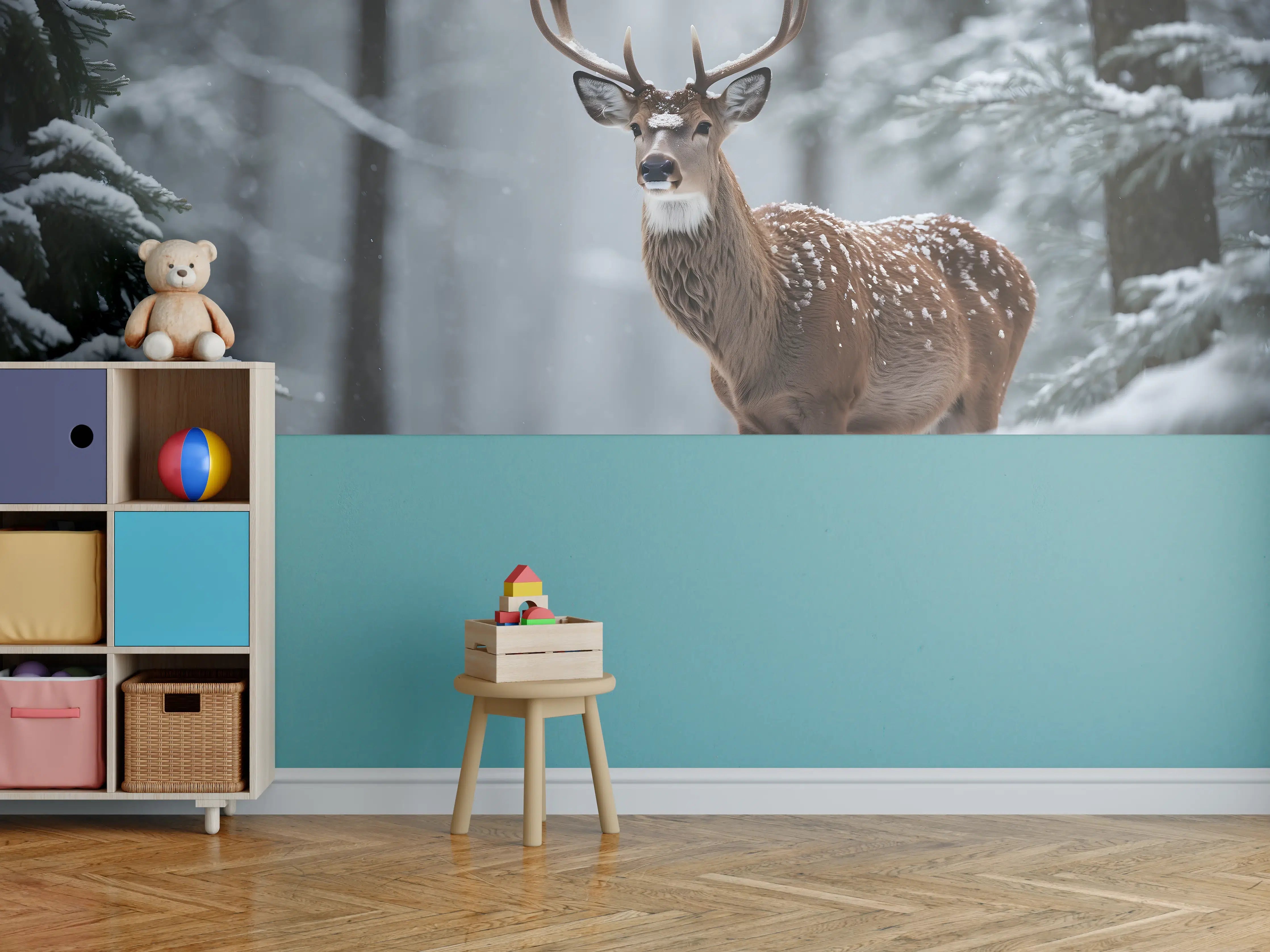 Kinderzimmer Wandgestaltung - Hirsch im verschneiten Wald