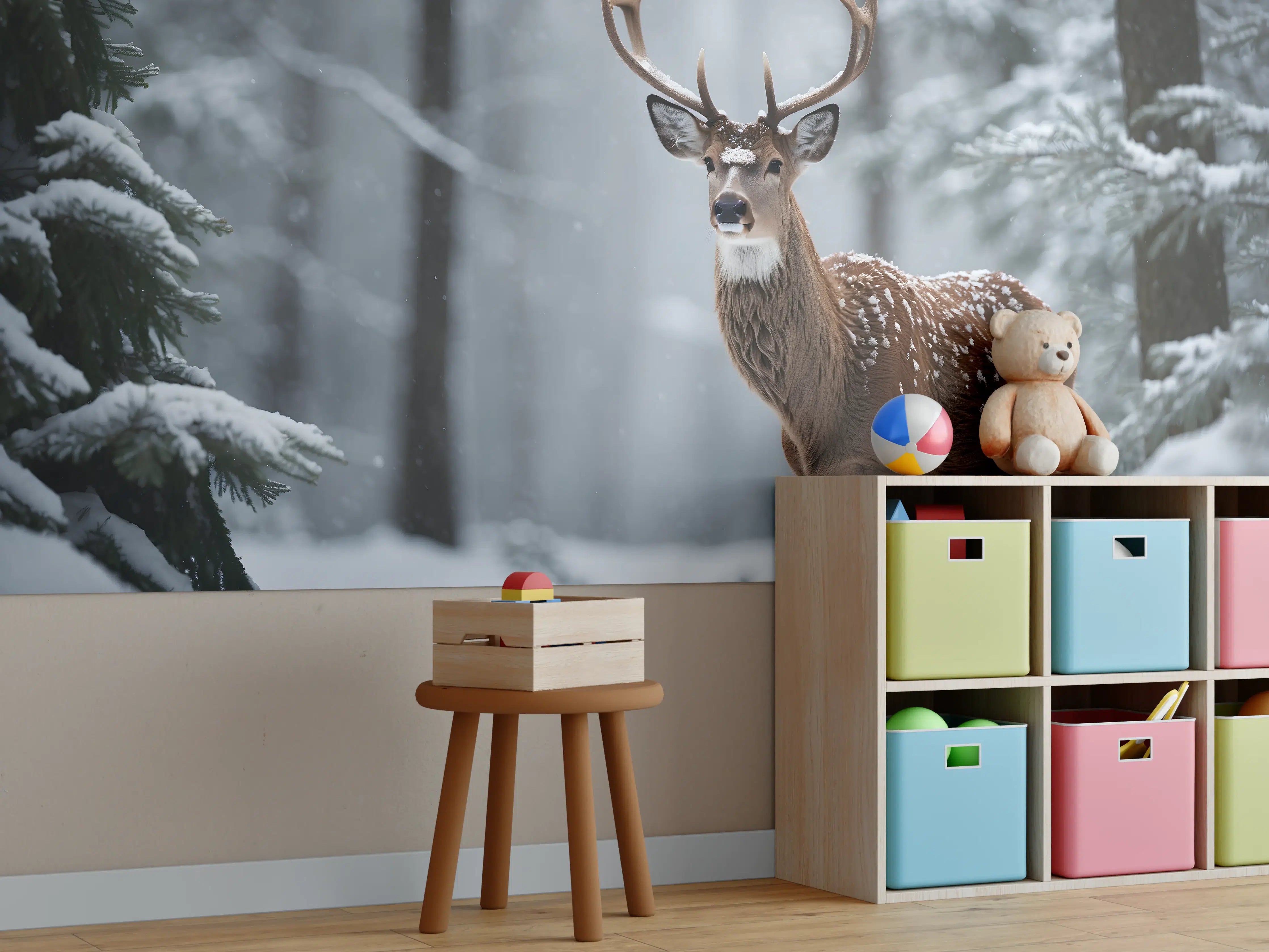 Kinderzimmer Wandgestaltung - Hirsch im verschneiten Wald