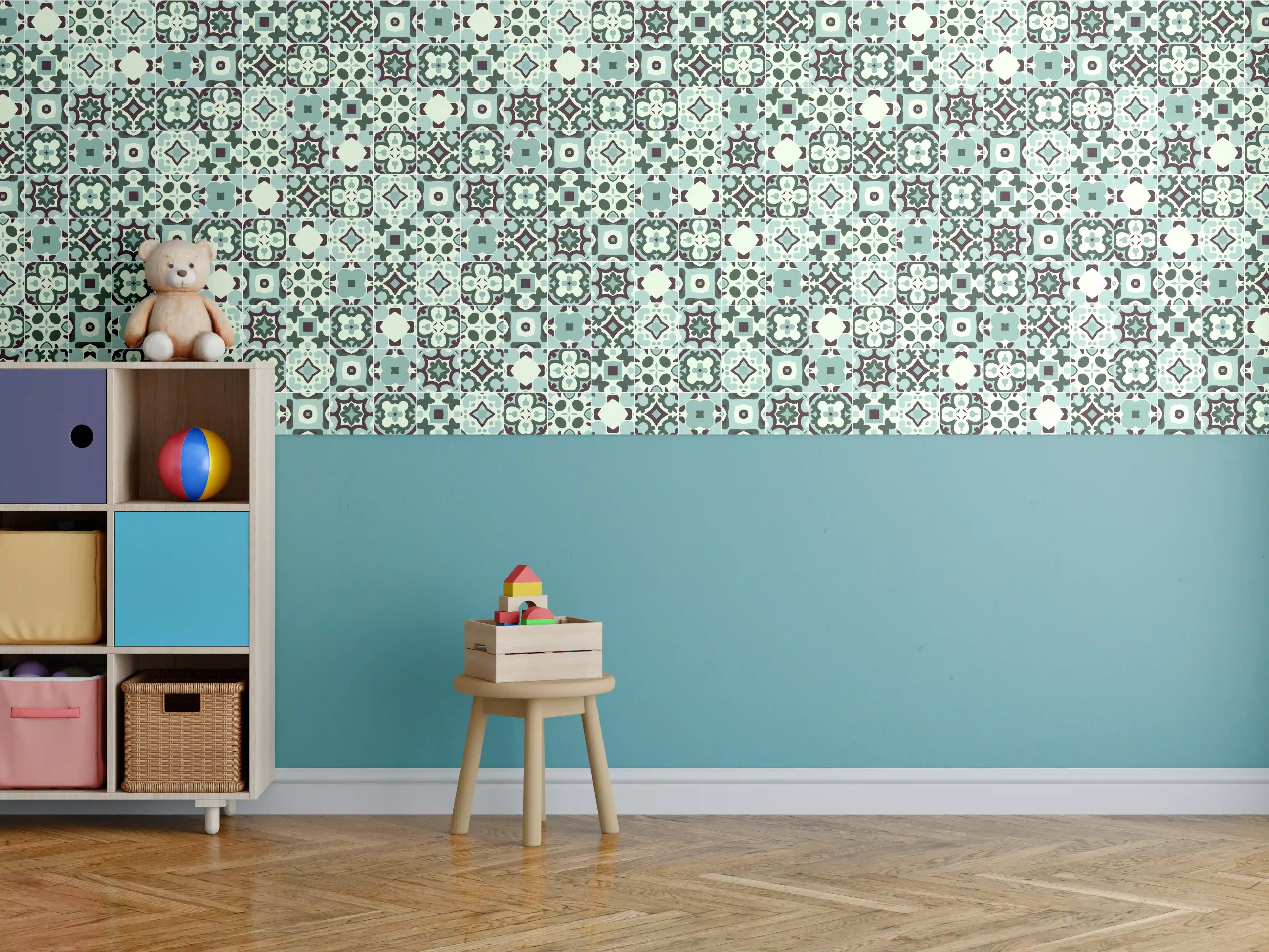 Kinderzimmer Wandgestaltung - Historischer Fliesenmuster in Türkis und Braun