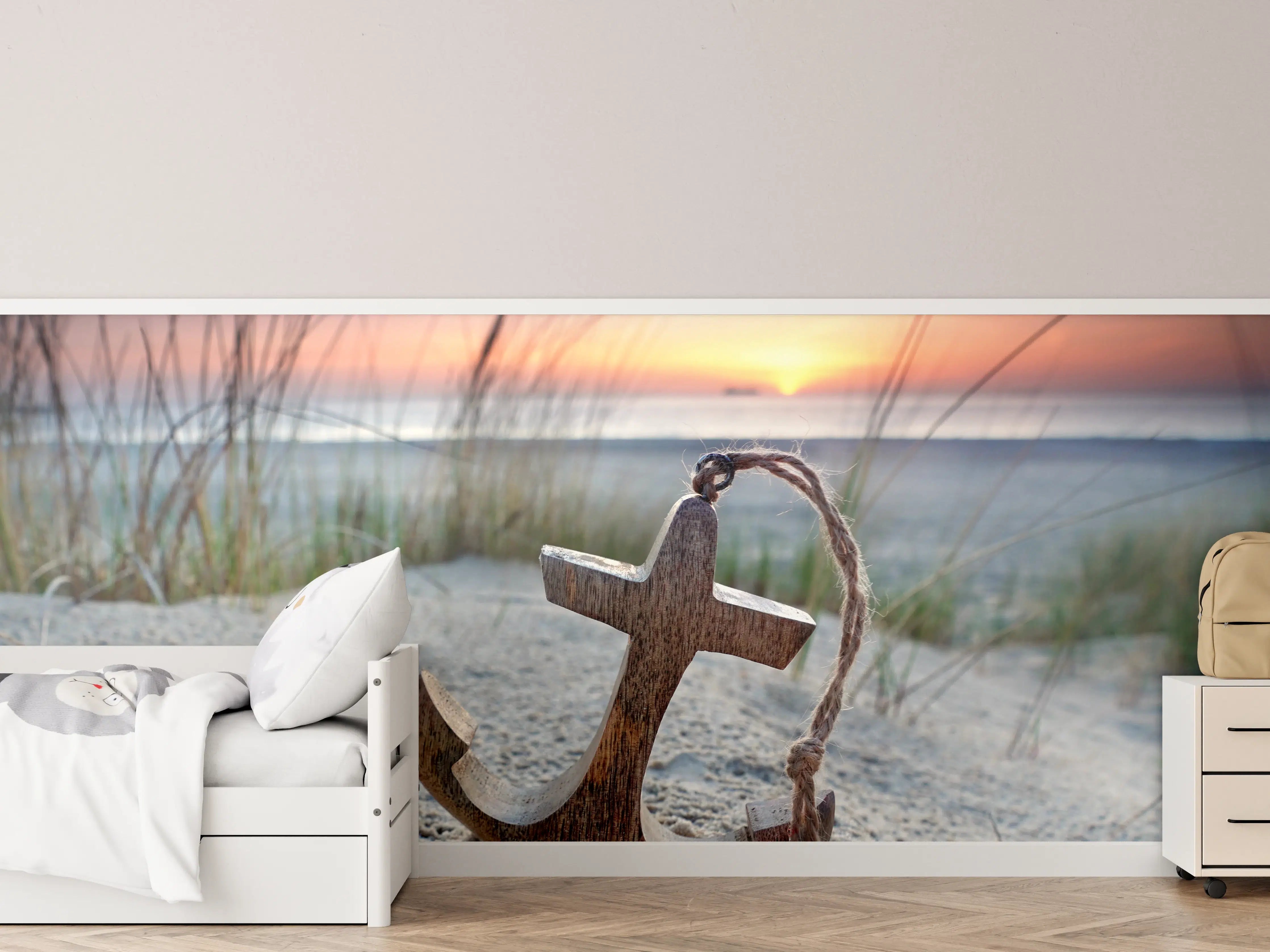 Kinderzimmer Wandgestaltung - Holzanker am Strand bei Sonnenuntergang