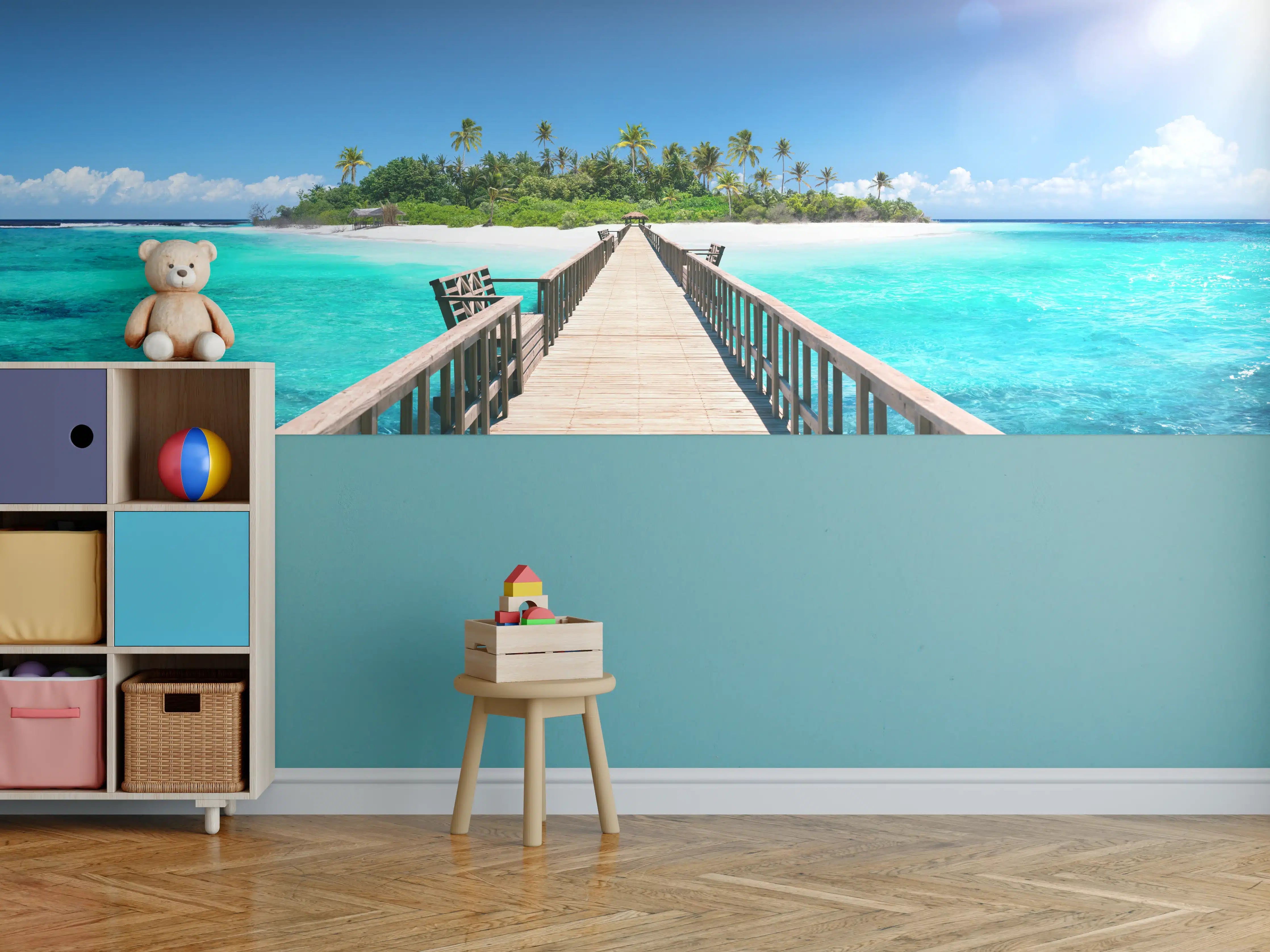 Kinderzimmer Wandgestaltung - Holzsteg zur tropischen Insel