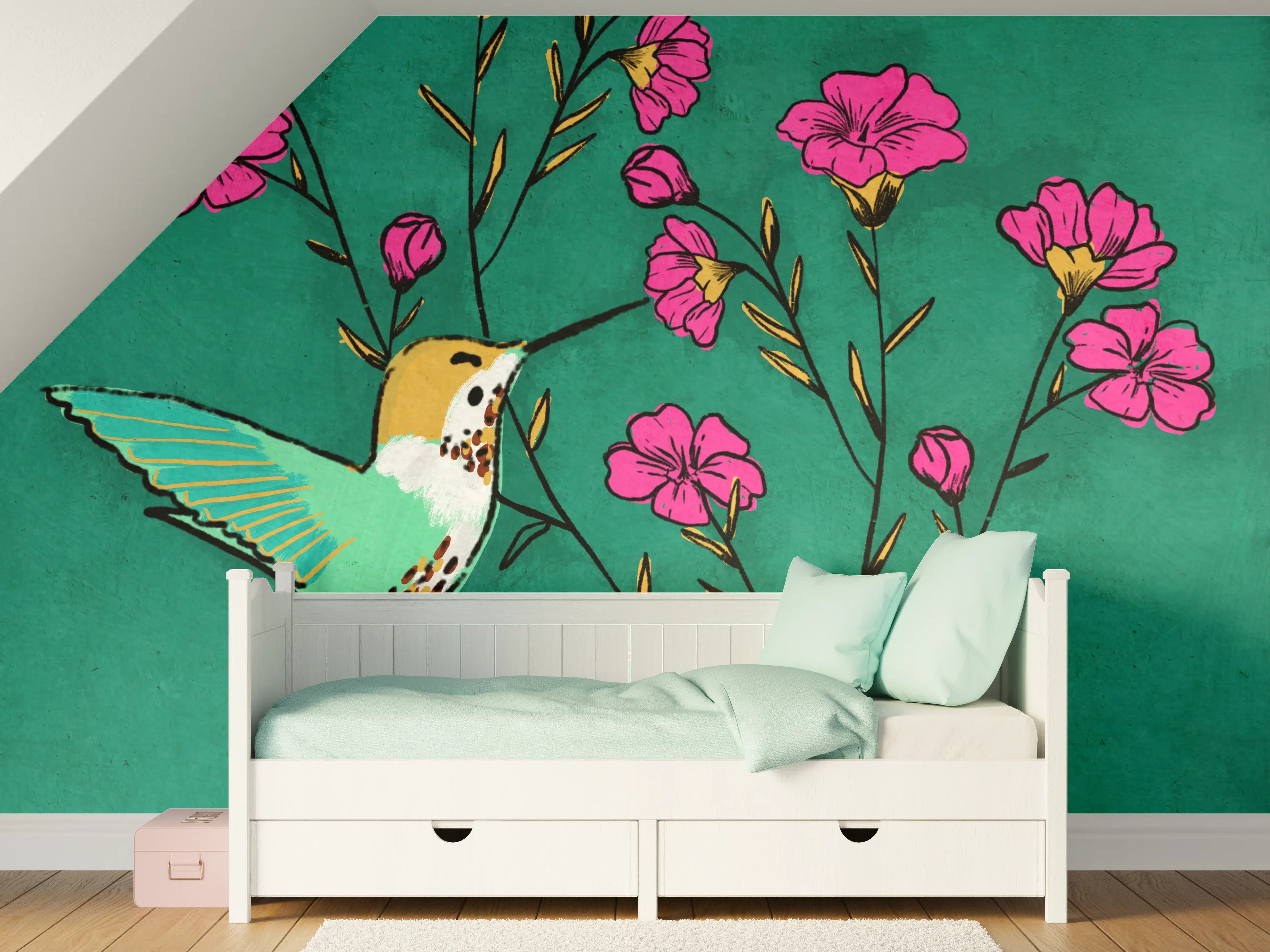 Kinderzimmer Wandgestaltung - Hummingbird and Pink Flowers