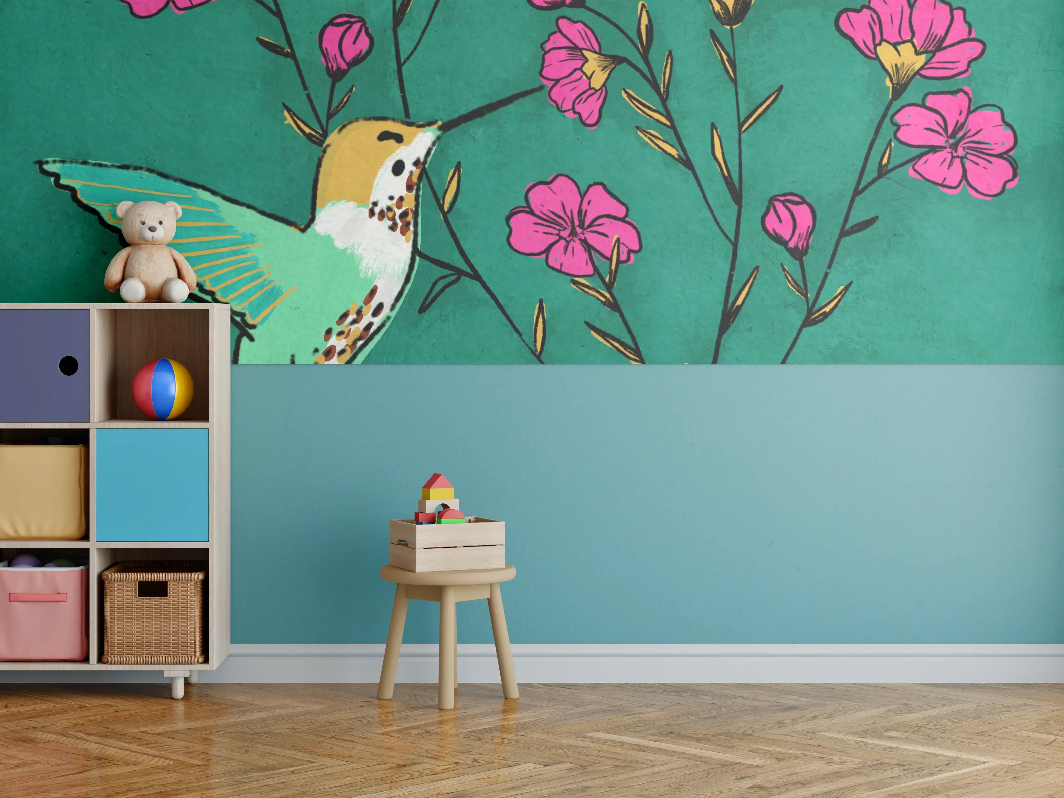 Kinderzimmer Wandgestaltung - Hummingbird and Pink Flowers
