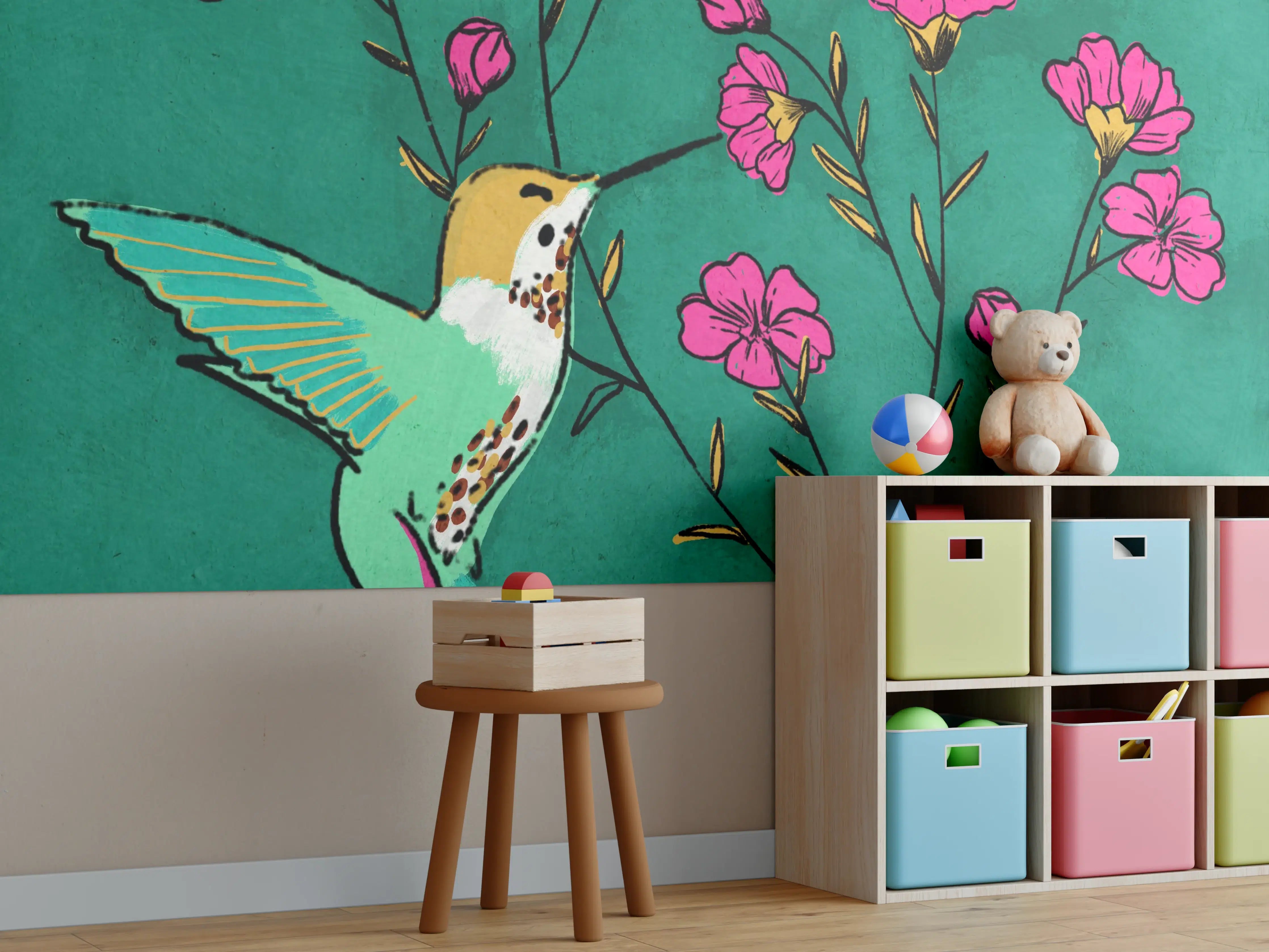 Kinderzimmer Wandgestaltung - Hummingbird and Pink Flowers