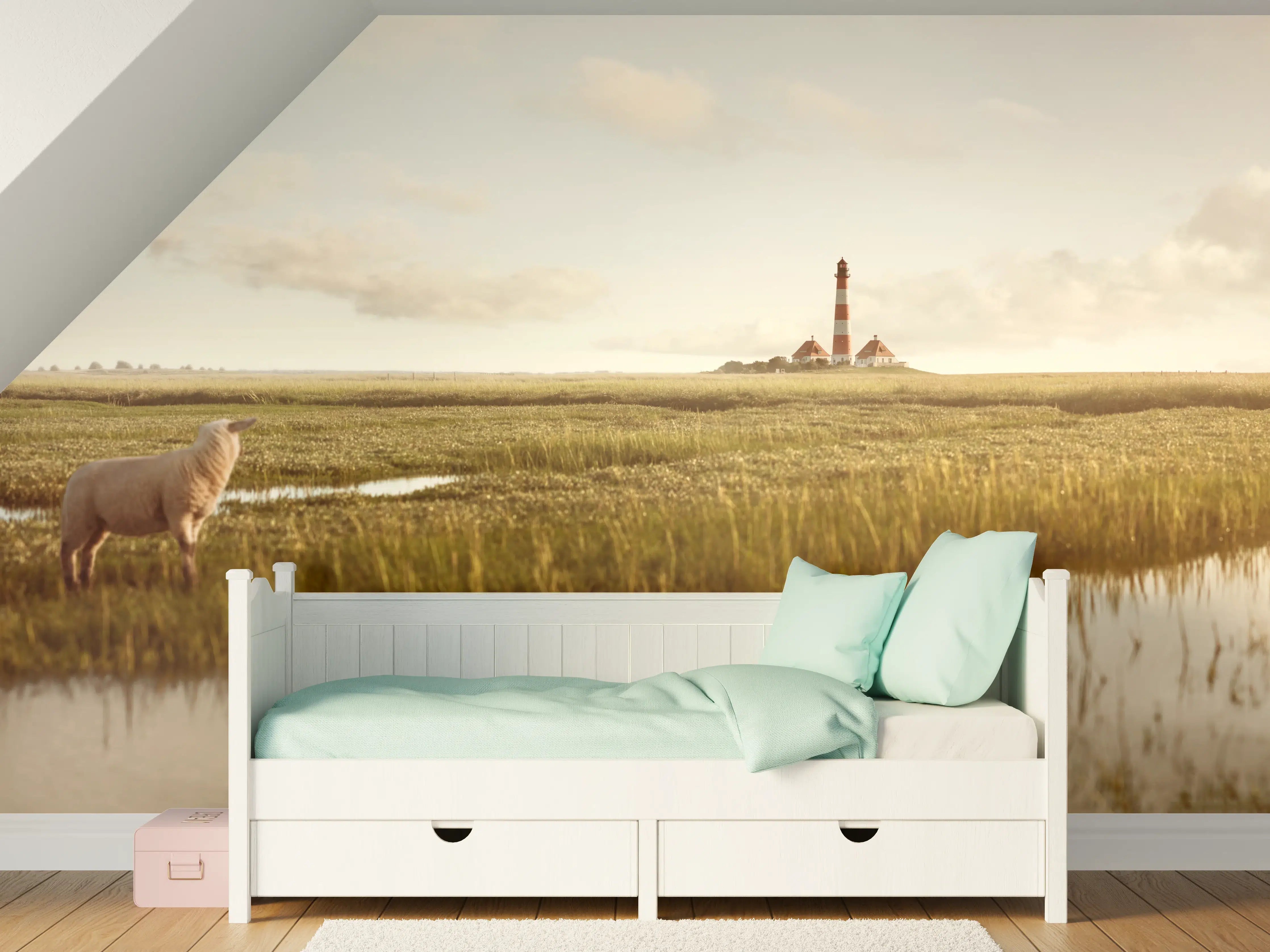 Kinderzimmer Wandgestaltung - Idyllische Landschaft mit Leuchtturm und Schafen