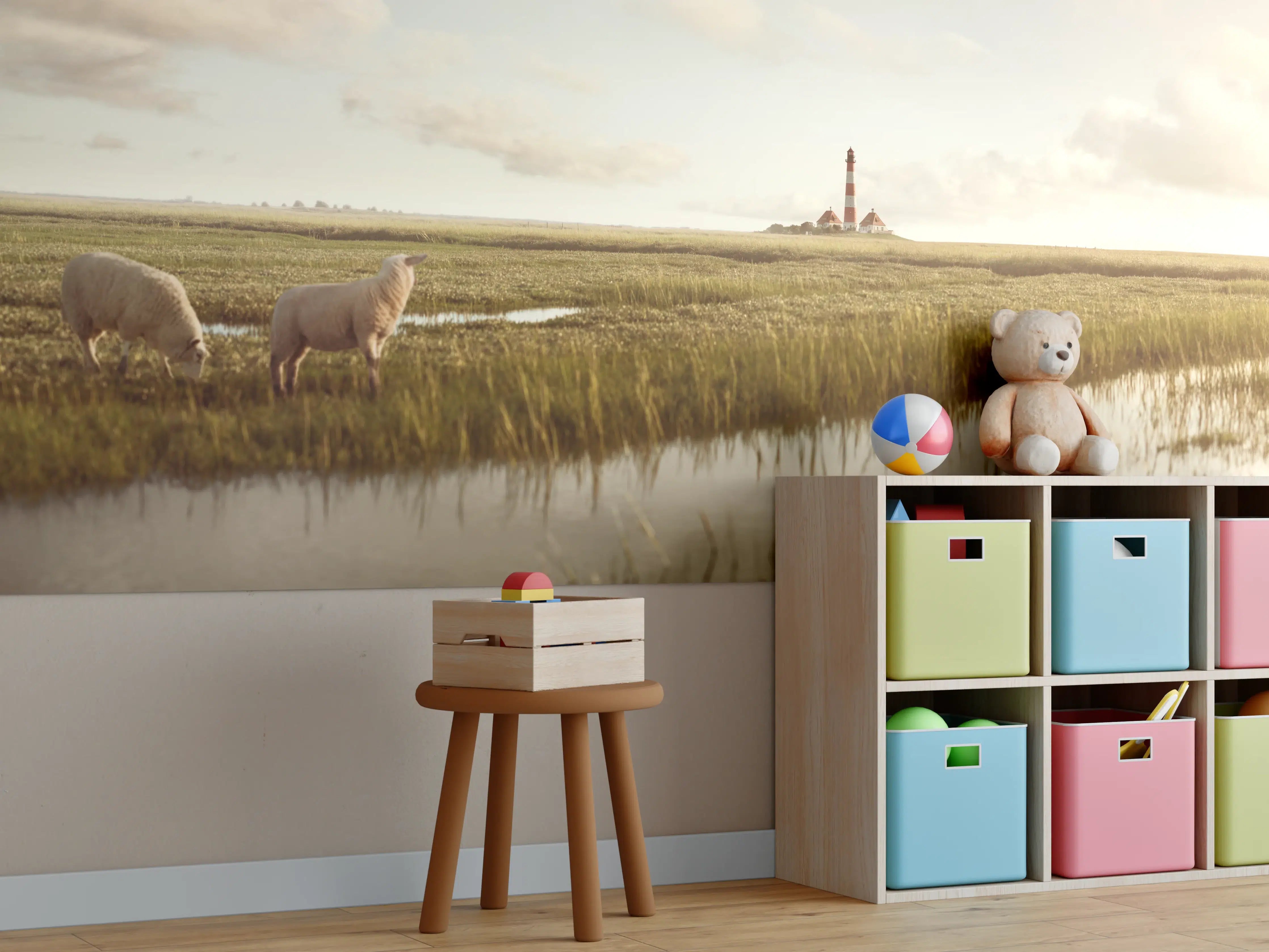 Kinderzimmer Wandgestaltung - Idyllische Landschaft mit Leuchtturm und Schafen