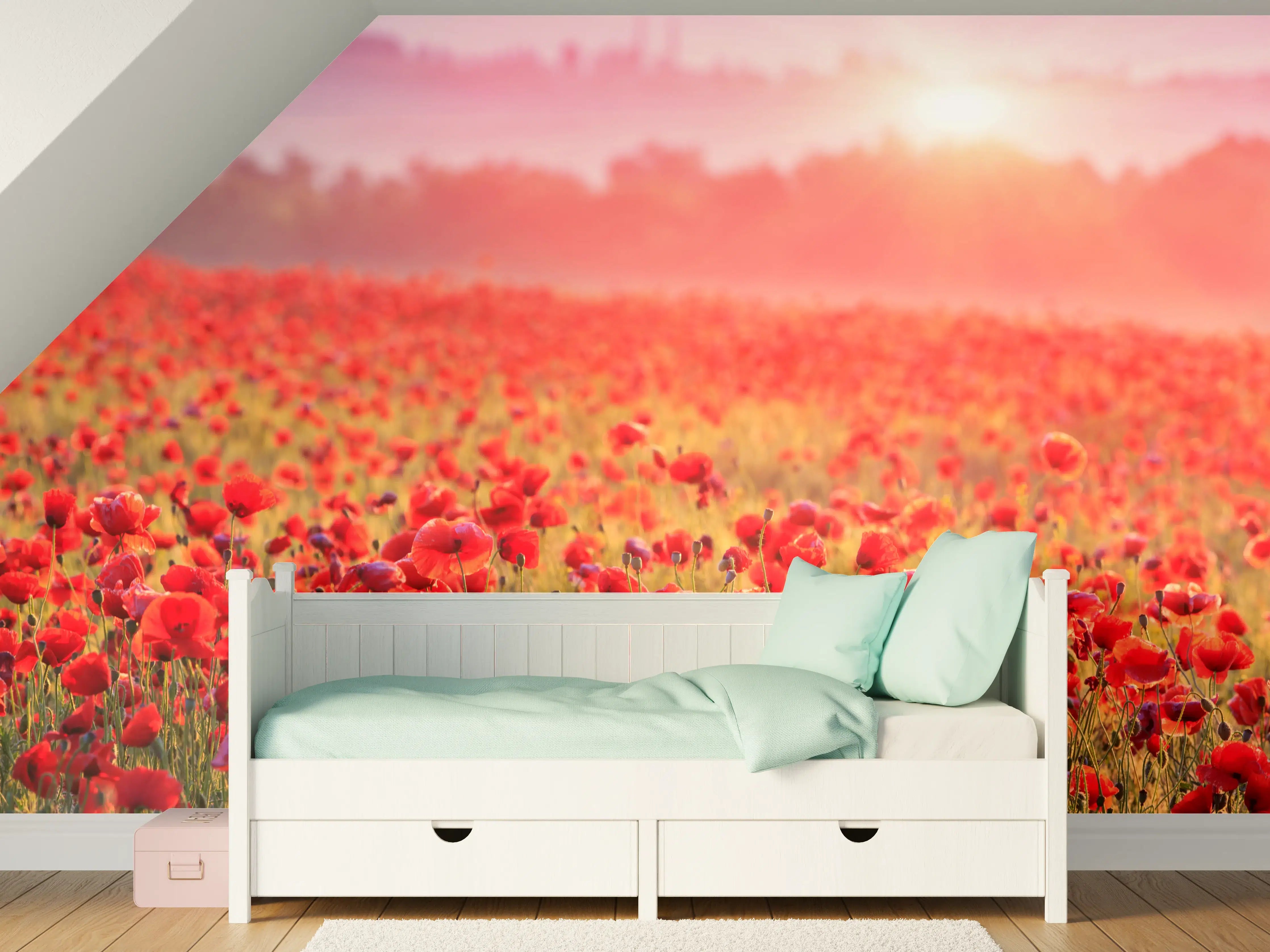 Kinderzimmer Wandgestaltung - Idyllisches Mohnfeld bei Sonnenuntergang