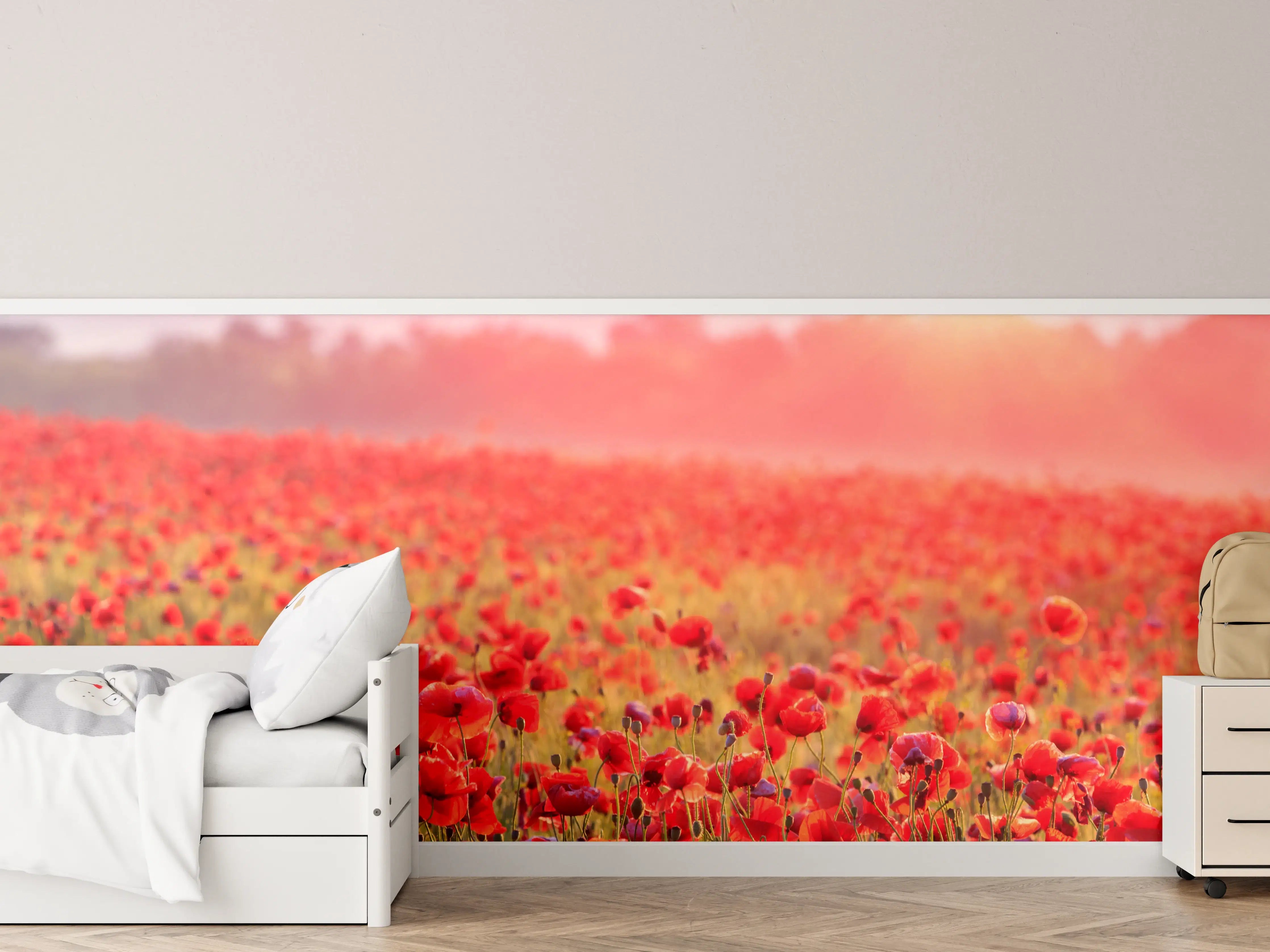 Kinderzimmer Wandgestaltung - Idyllisches Mohnfeld bei Sonnenuntergang