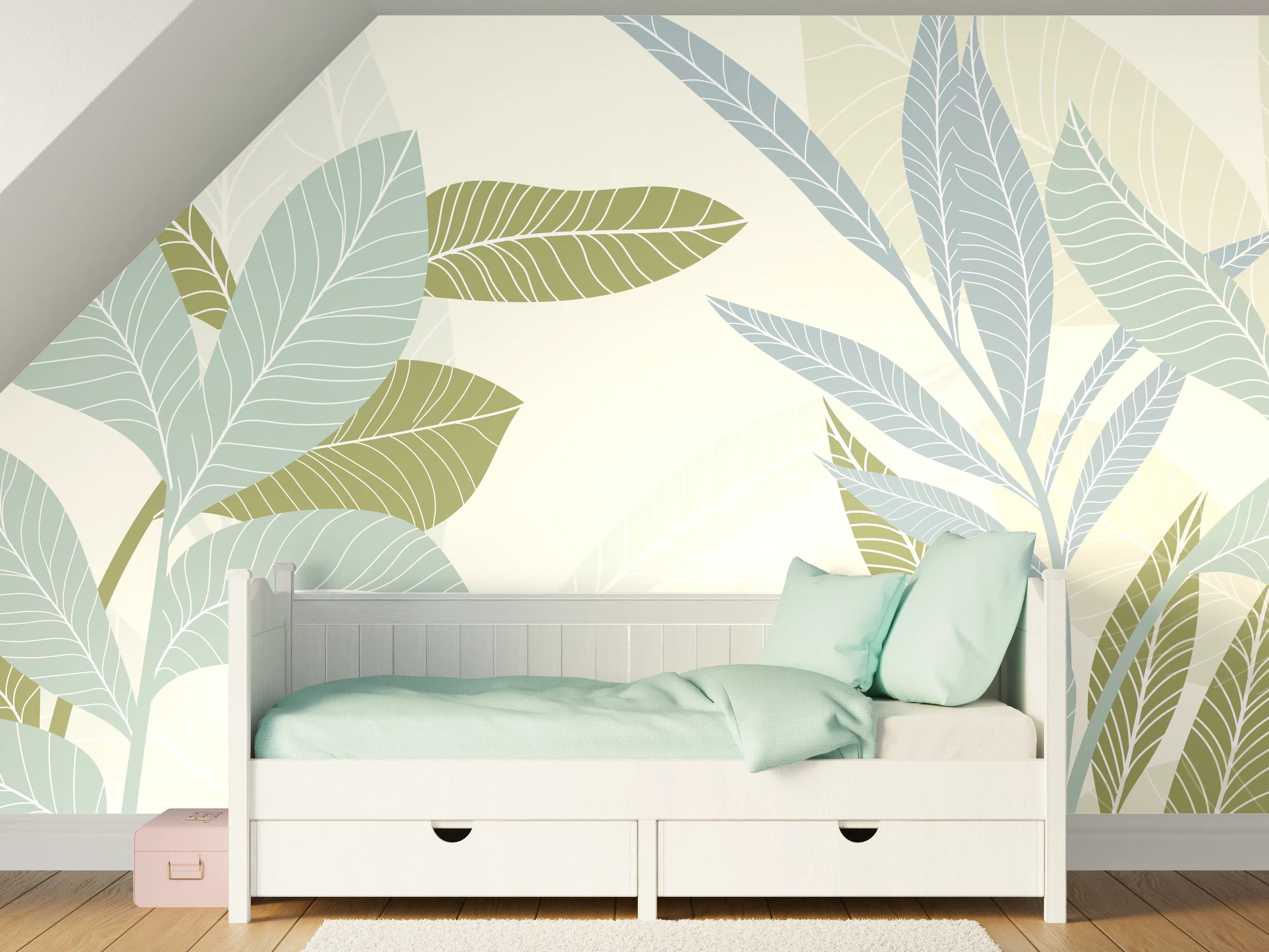 Kinderzimmer Wandgestaltung - Illustrierte Blättermotiv Tapete