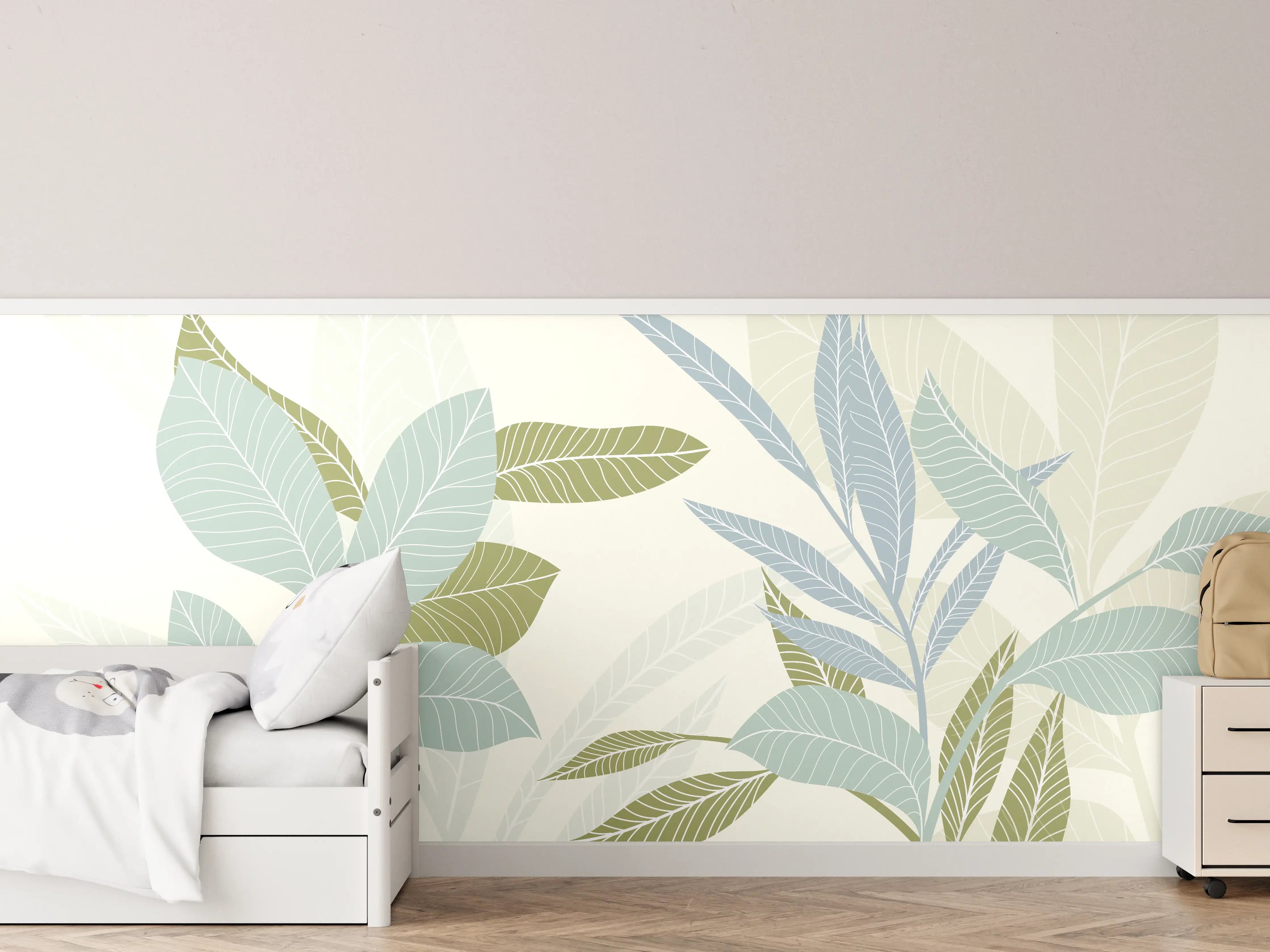Kinderzimmer Wandgestaltung - Illustrierte Blättermotiv Tapete