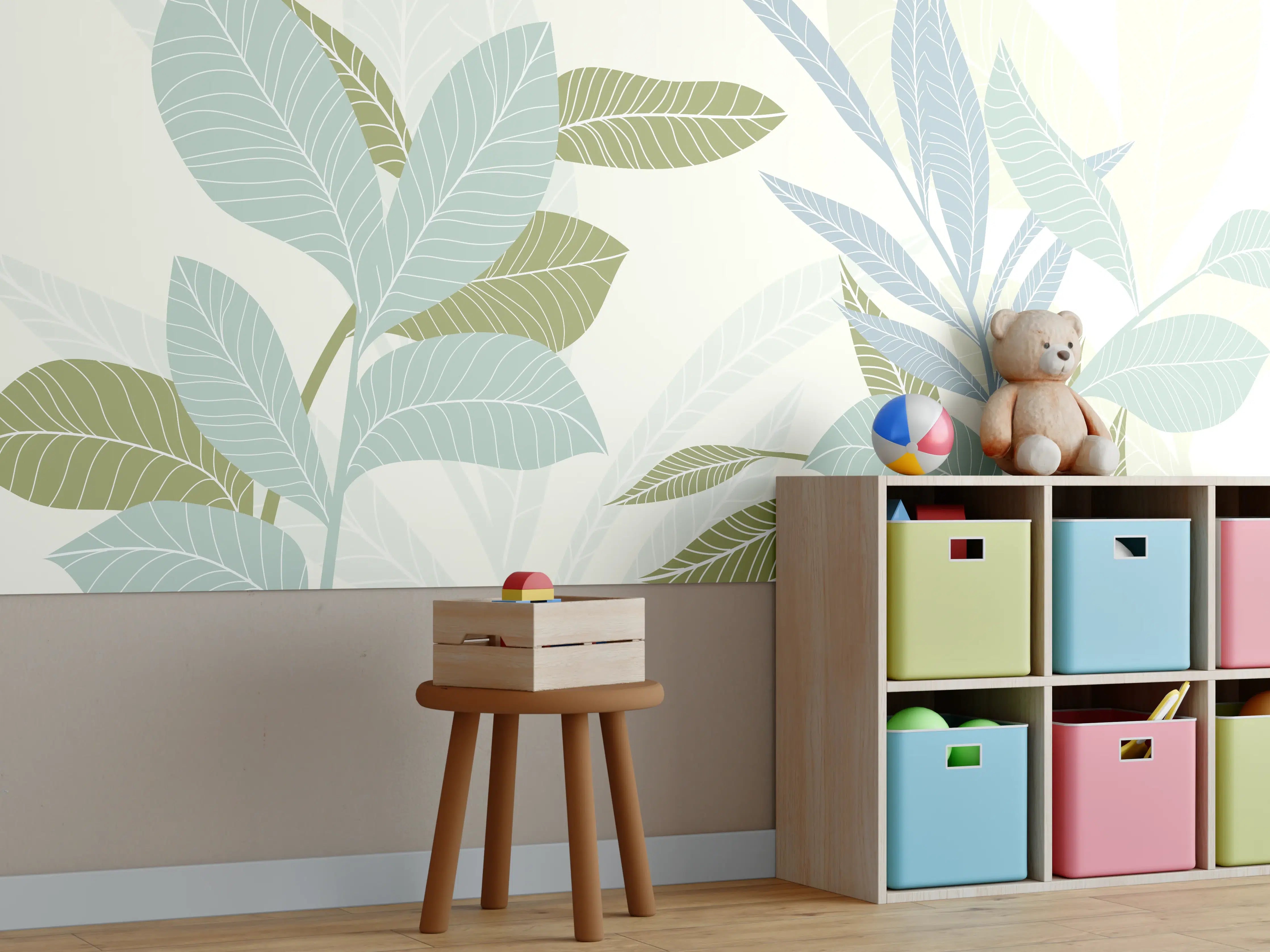 Kinderzimmer Wandgestaltung - Illustrierte Blättermotiv Tapete