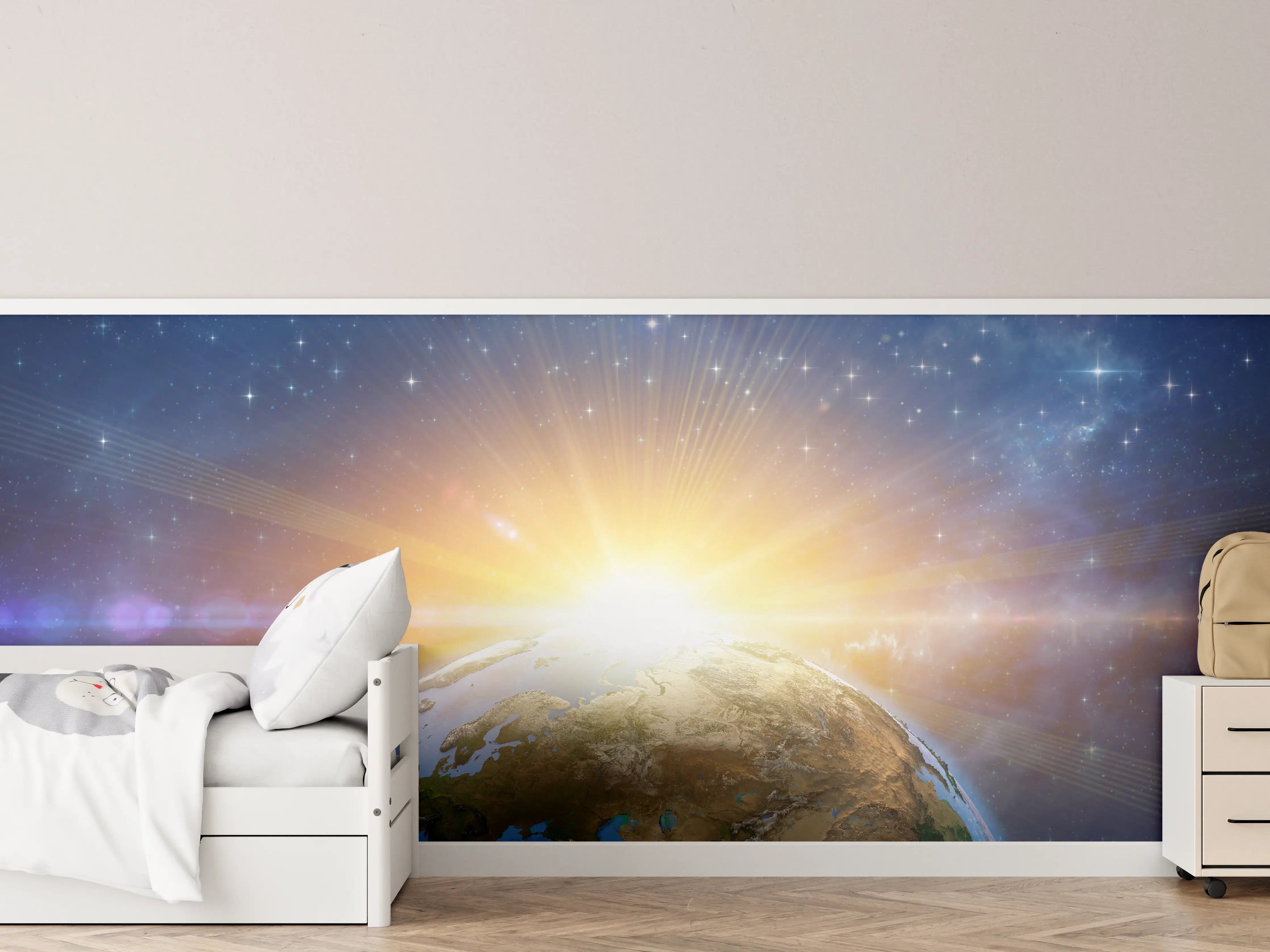 Kinderzimmer Wandgestaltung - Illustrierter Sonnenaufgang aus dem Weltall