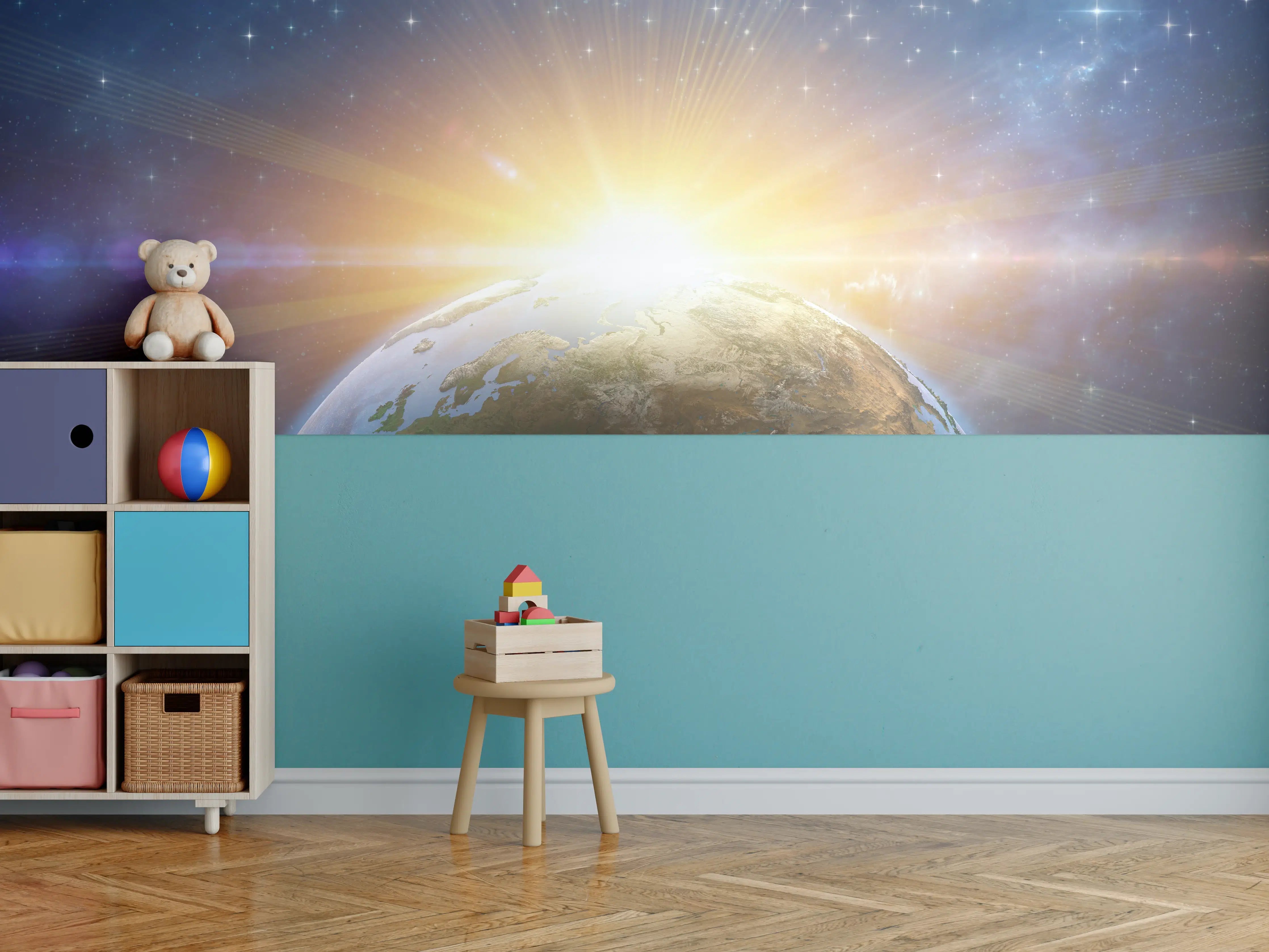Kinderzimmer Wandgestaltung - Illustrierter Sonnenaufgang aus dem Weltall