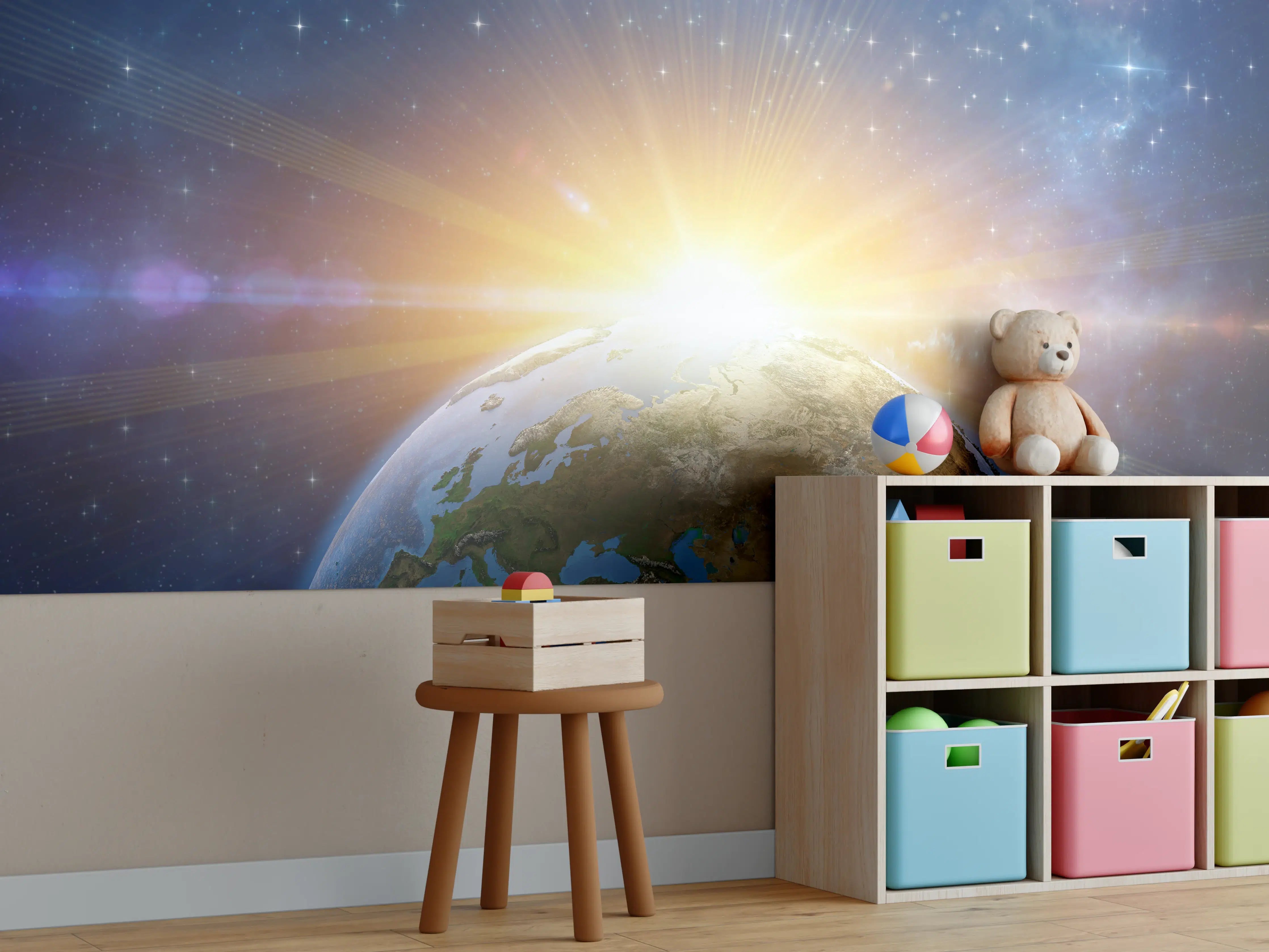 Kinderzimmer Wandgestaltung - Illustrierter Sonnenaufgang aus dem Weltall