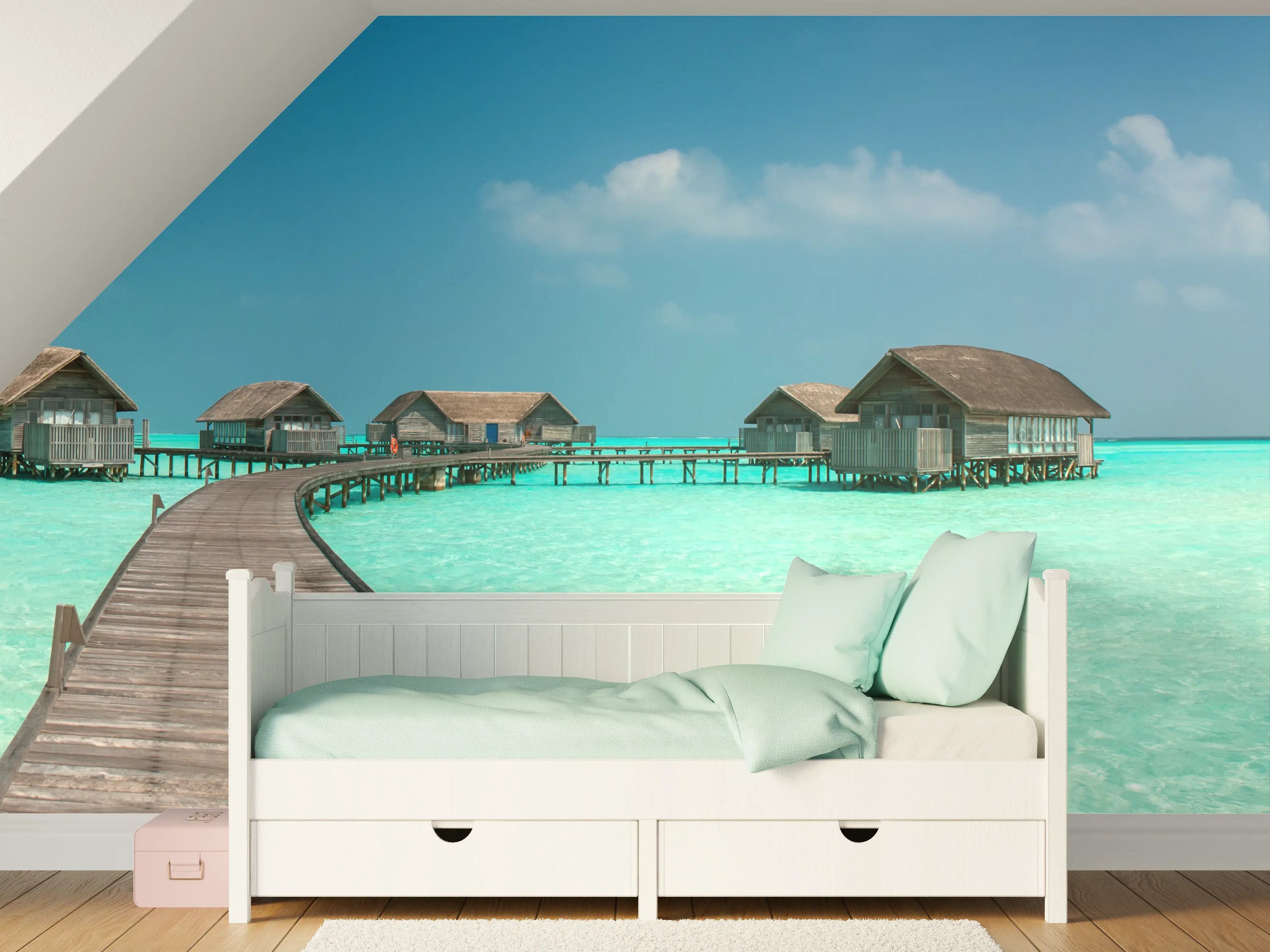 Kinderzimmer Wandgestaltung - Inselhütten über türkisfarbenem Wasser mit Himmel