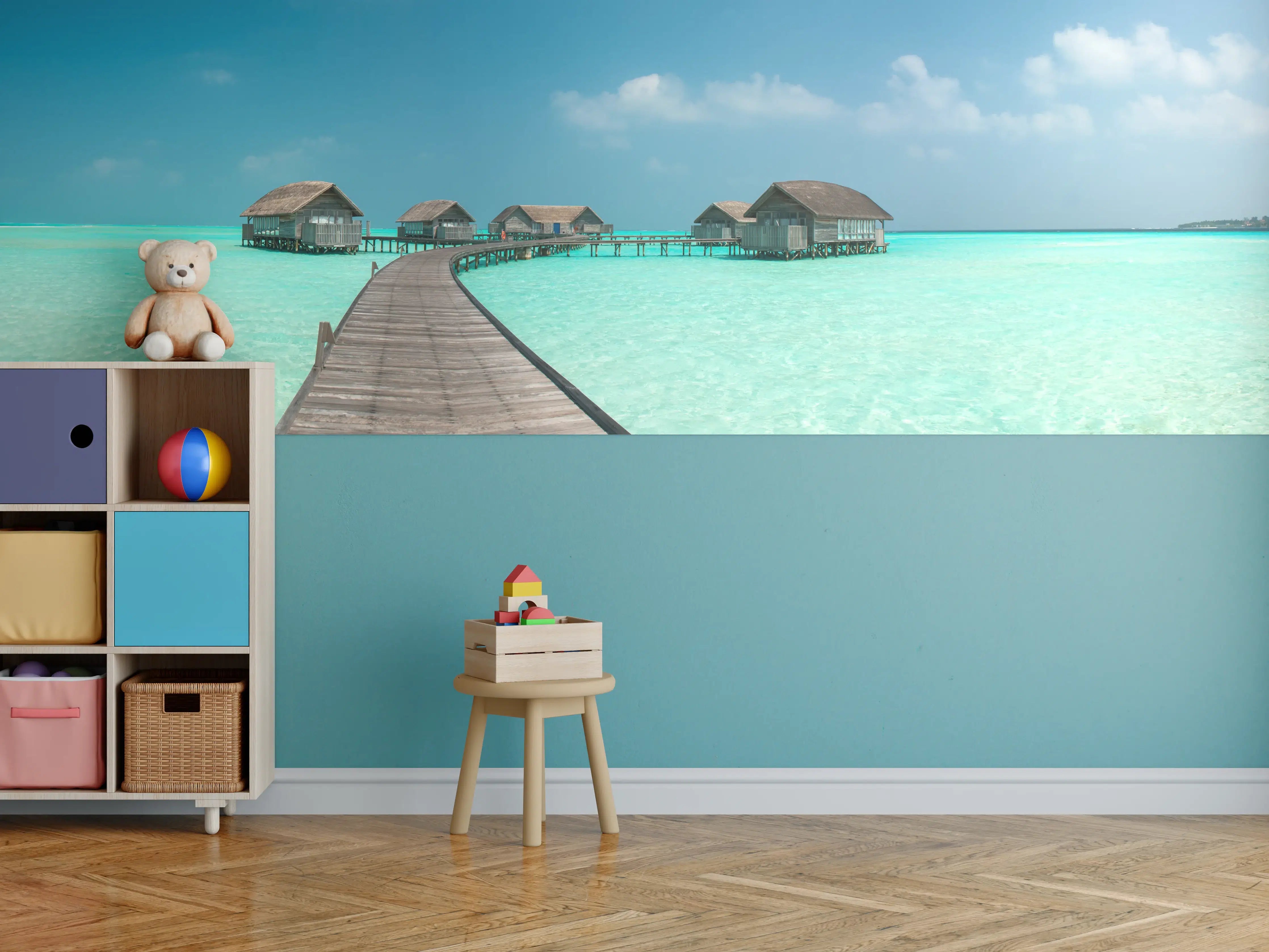 Kinderzimmer Wandgestaltung - Inselhütten über türkisfarbenem Wasser mit Himmel