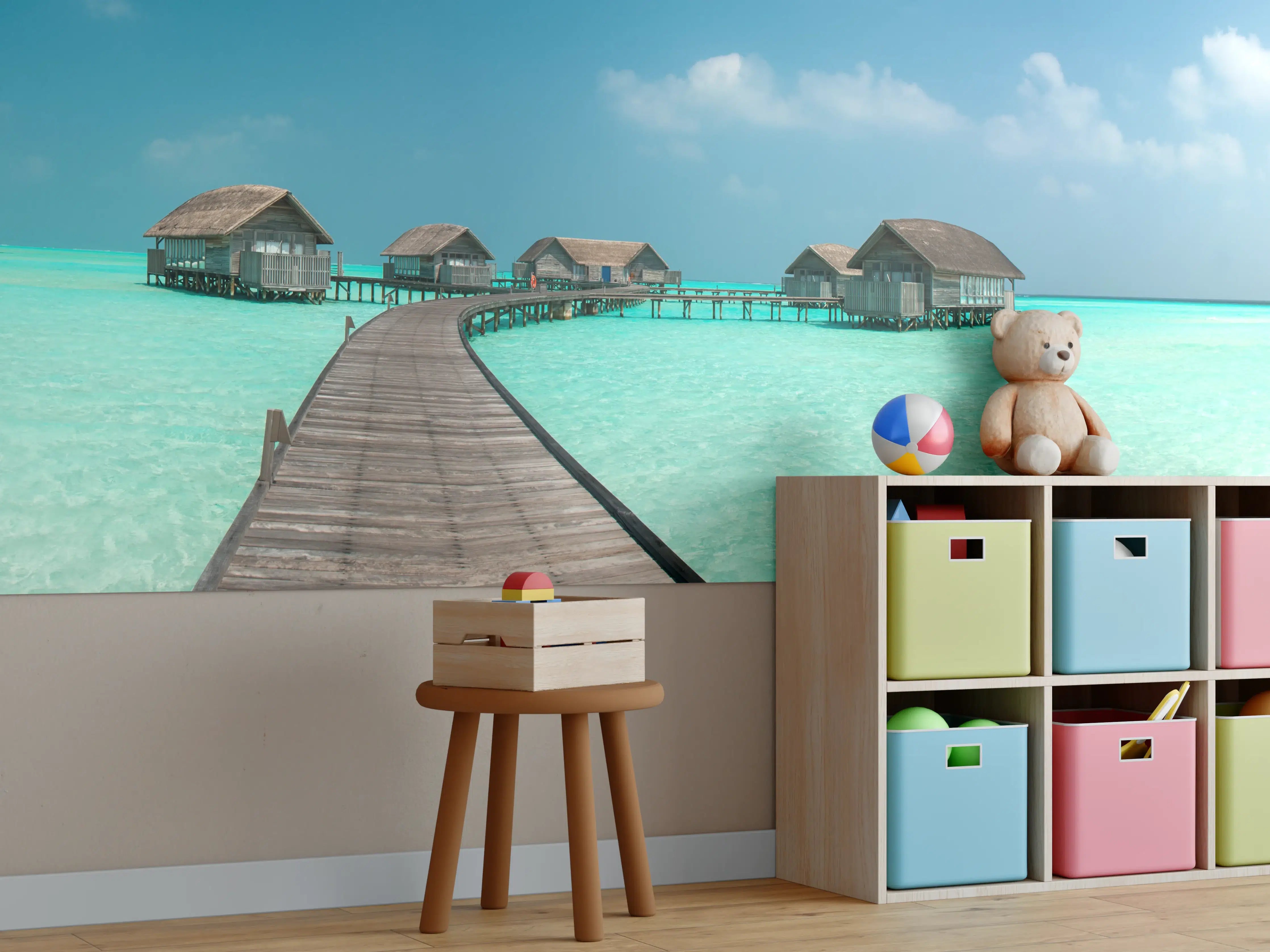 Kinderzimmer Wandgestaltung - Inselhütten über türkisfarbenem Wasser mit Himmel