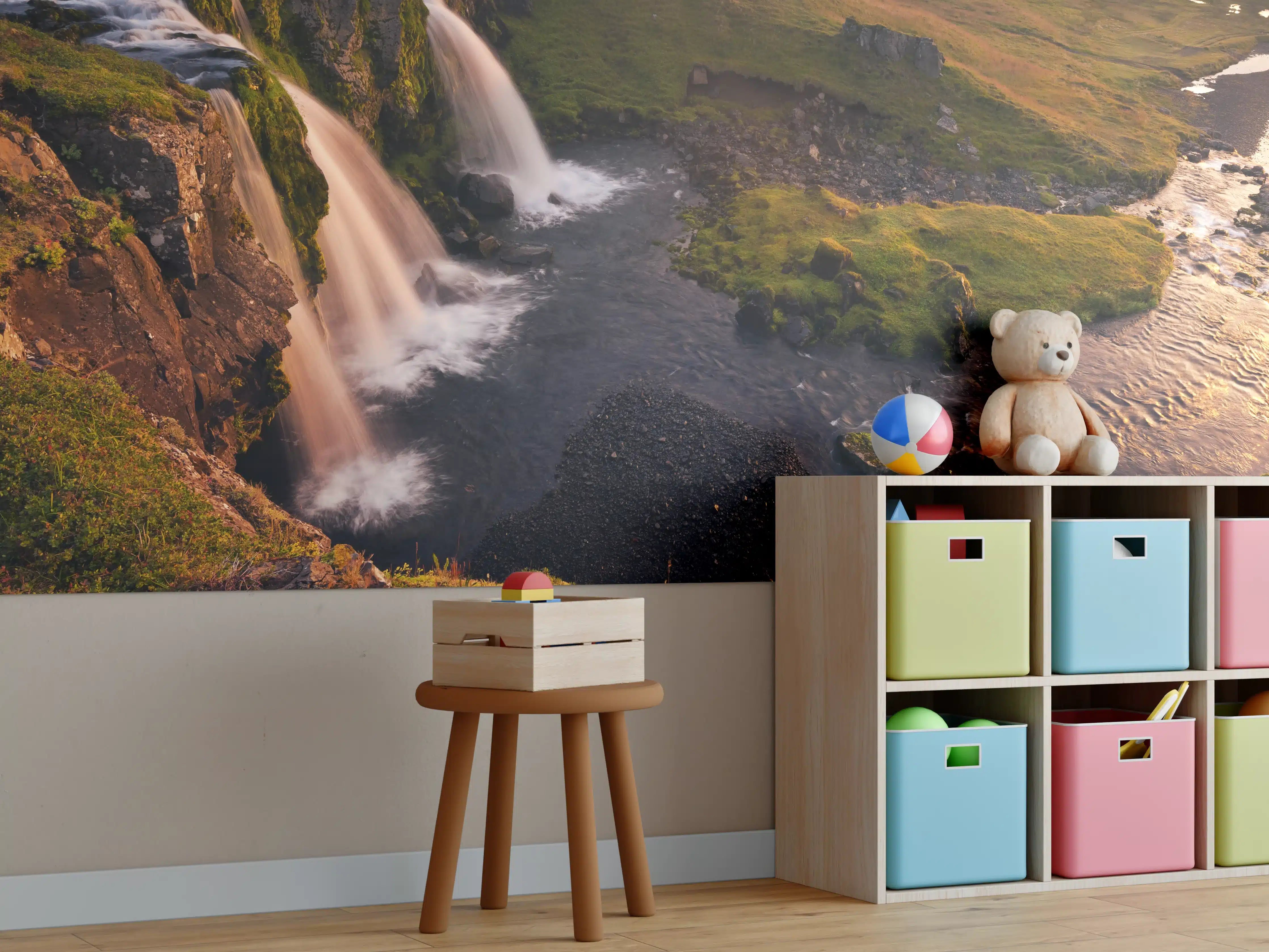 Kinderzimmer Wandgestaltung - Island Wasserfall Morgenrot