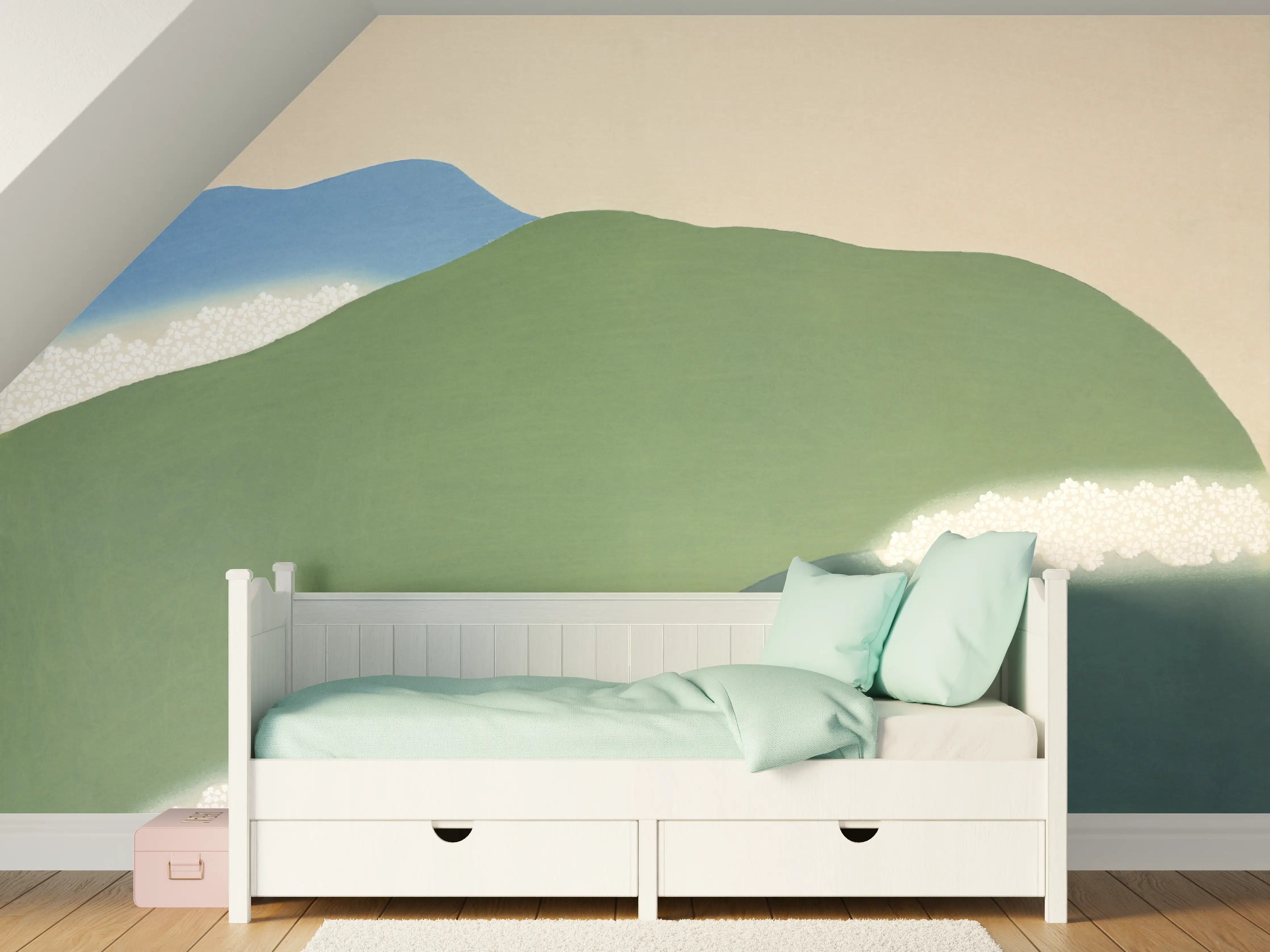 Kinderzimmer Wandgestaltung - Japanische Berglandschaft Grün-Blau