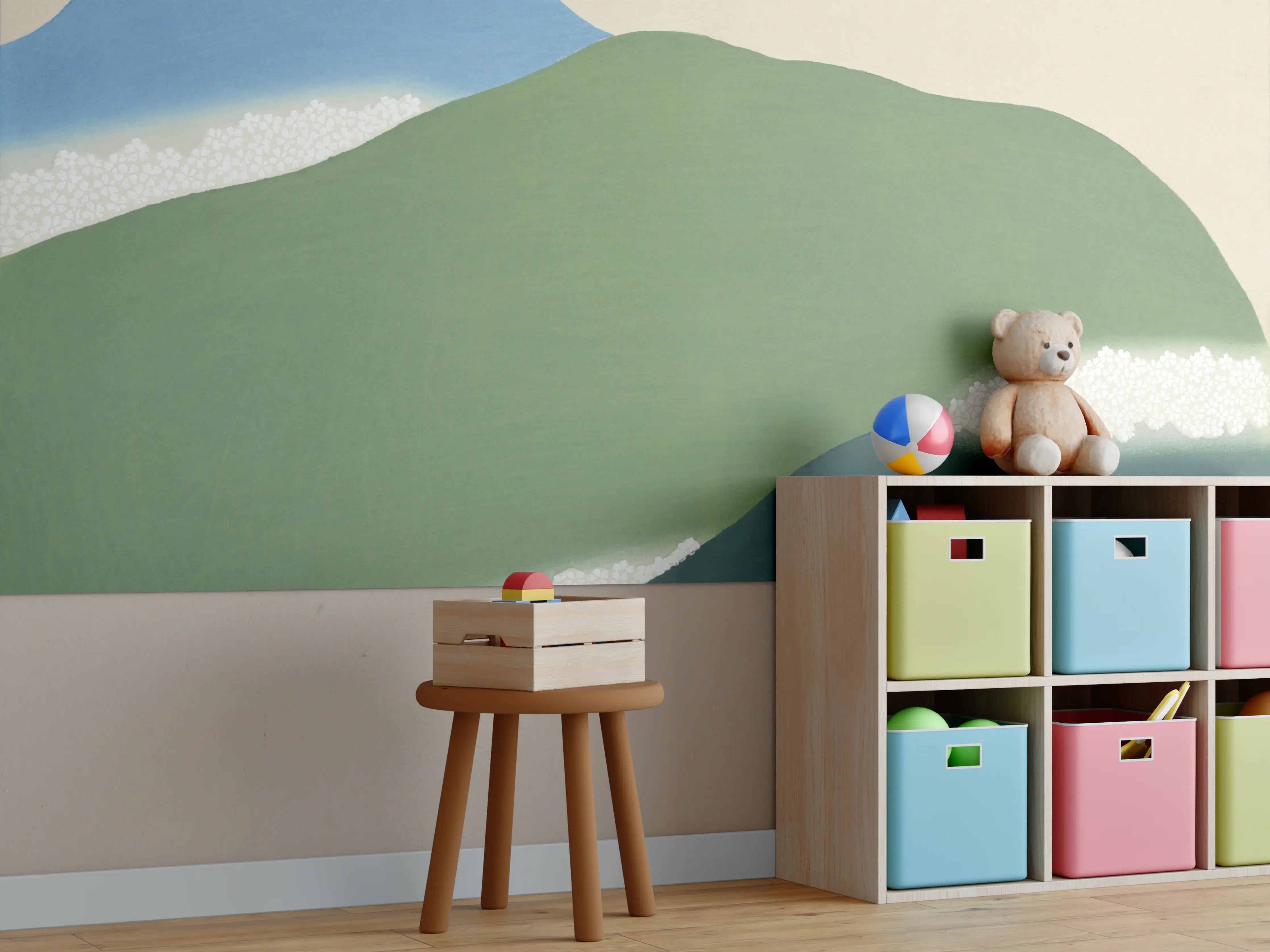 Kinderzimmer Wandgestaltung - Japanische Berglandschaft Grün-Blau