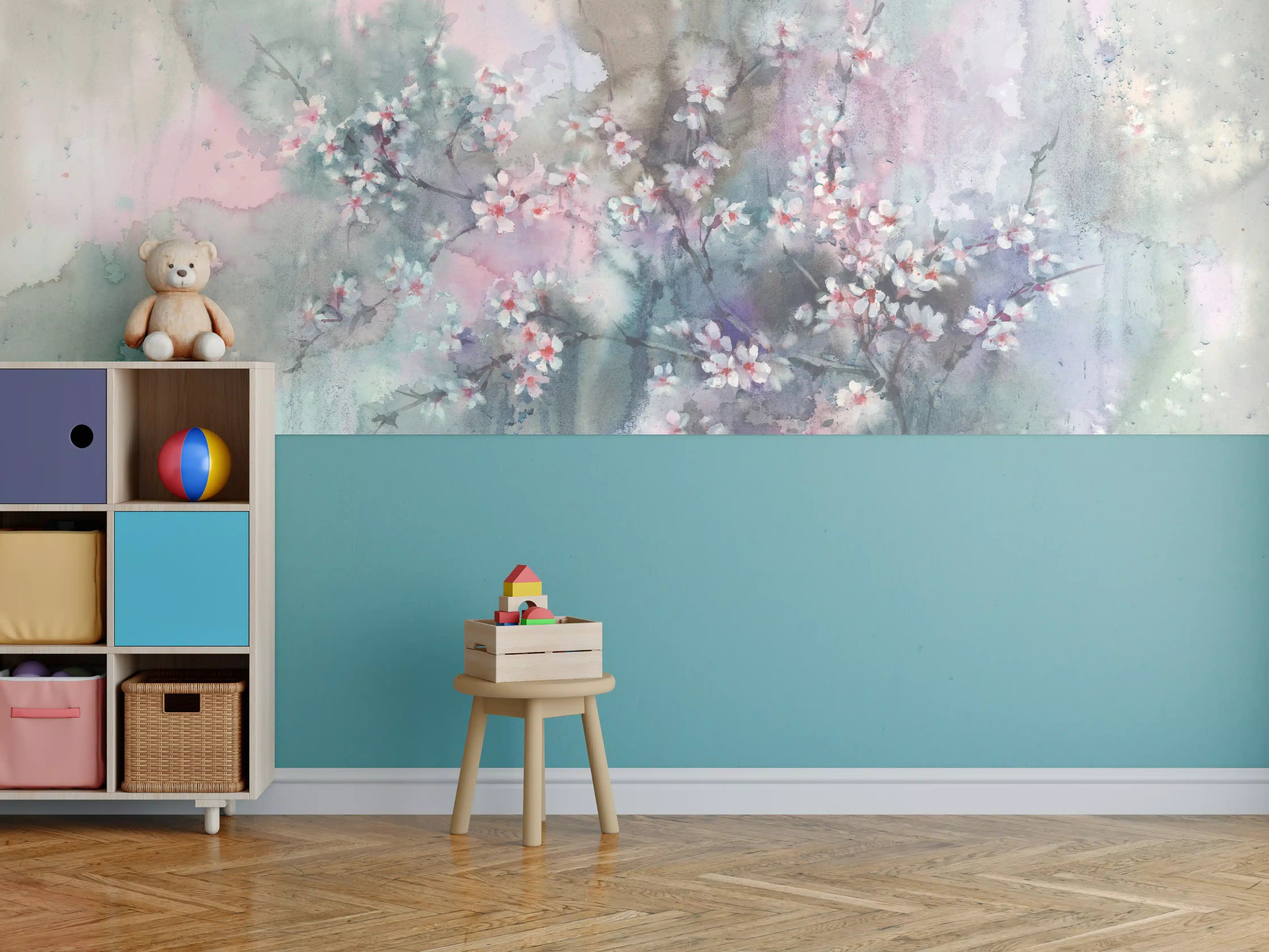 Kinderzimmer Wandgestaltung - Japanische Kirchblüten mit Aquarell Muster