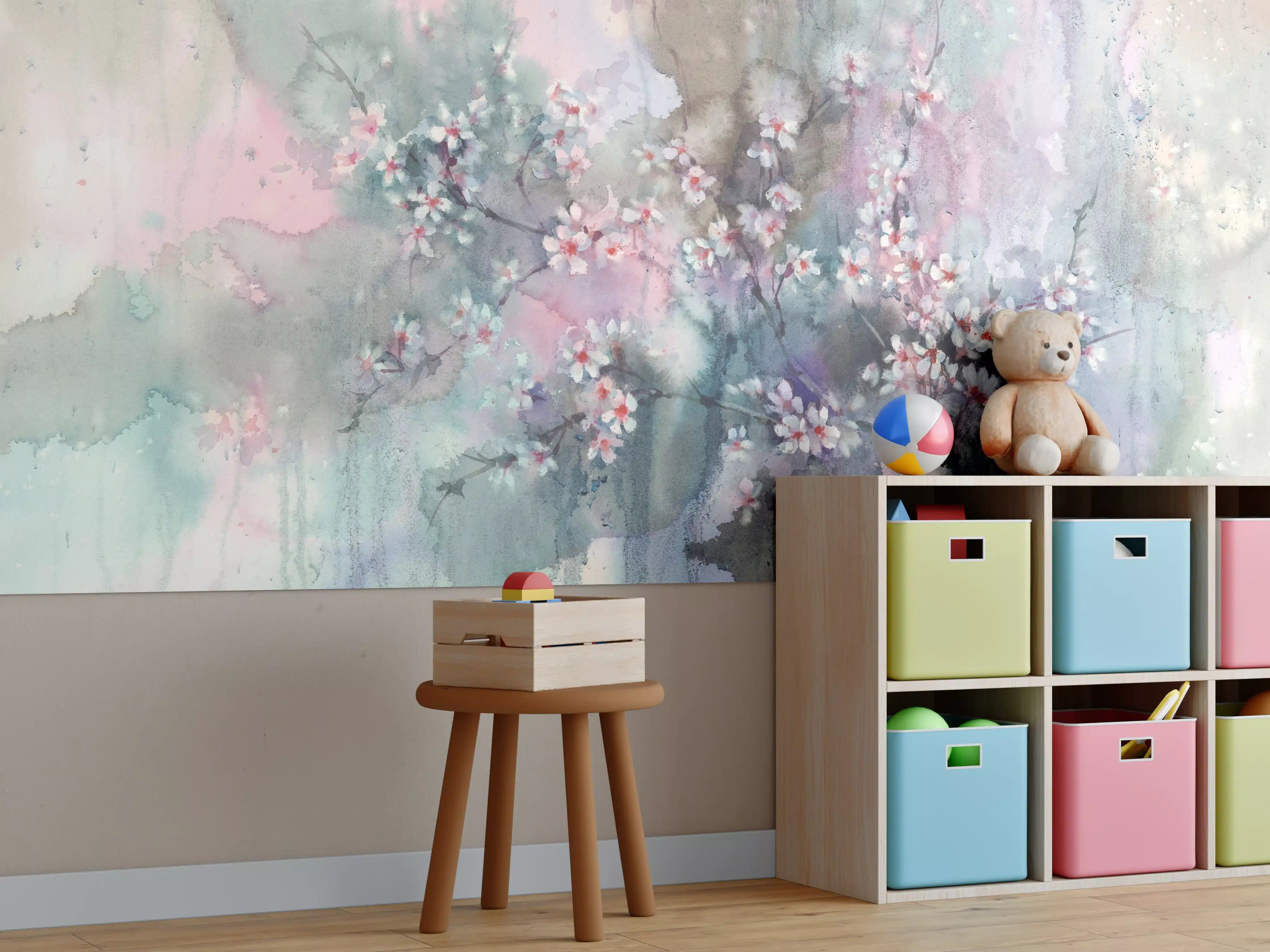 Kinderzimmer Wandgestaltung - Japanische Kirchblüten mit Aquarell Muster