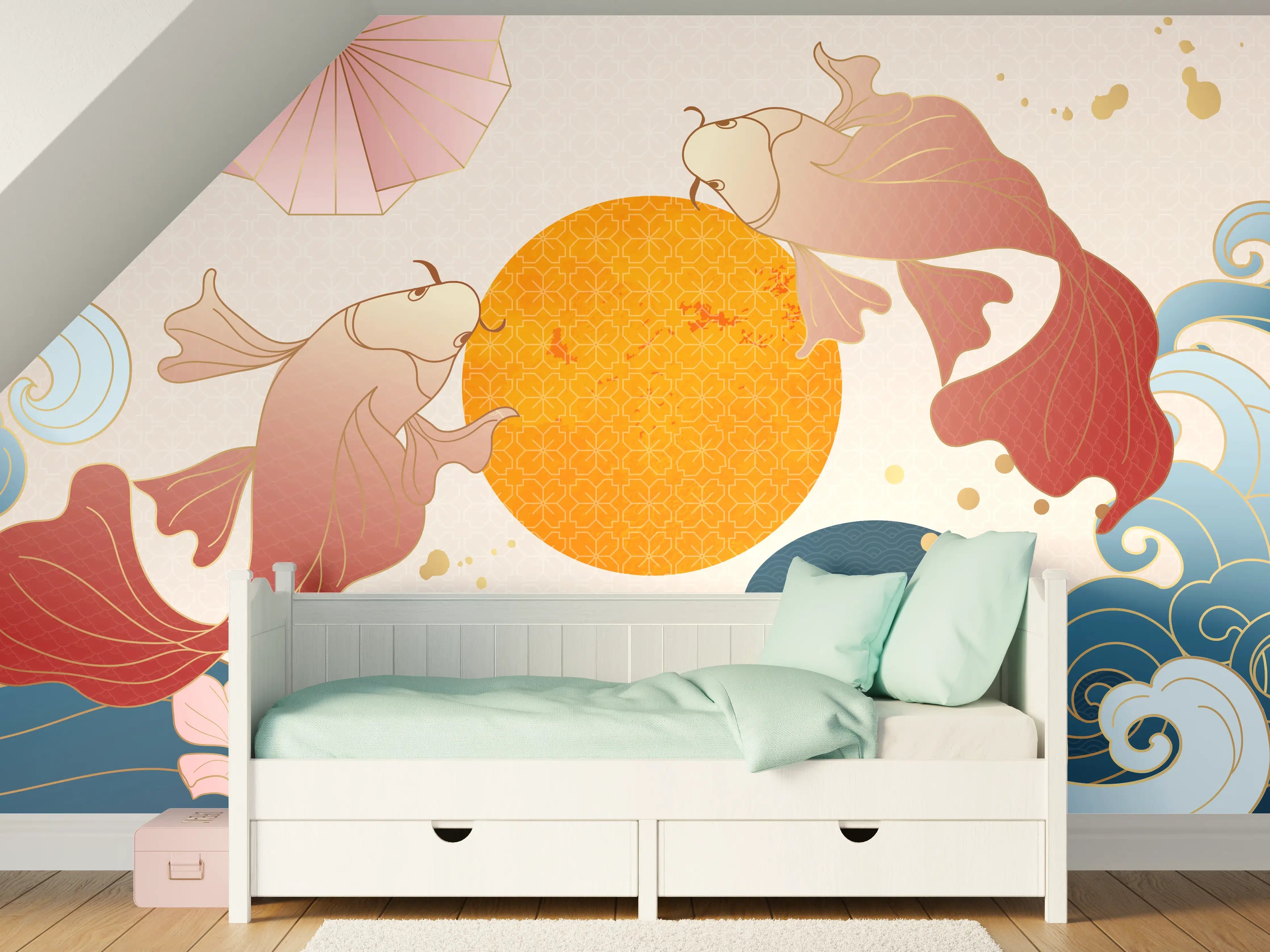 Kinderzimmer Wandgestaltung - Japanische Koi-Fische mit Sonnenmotiv