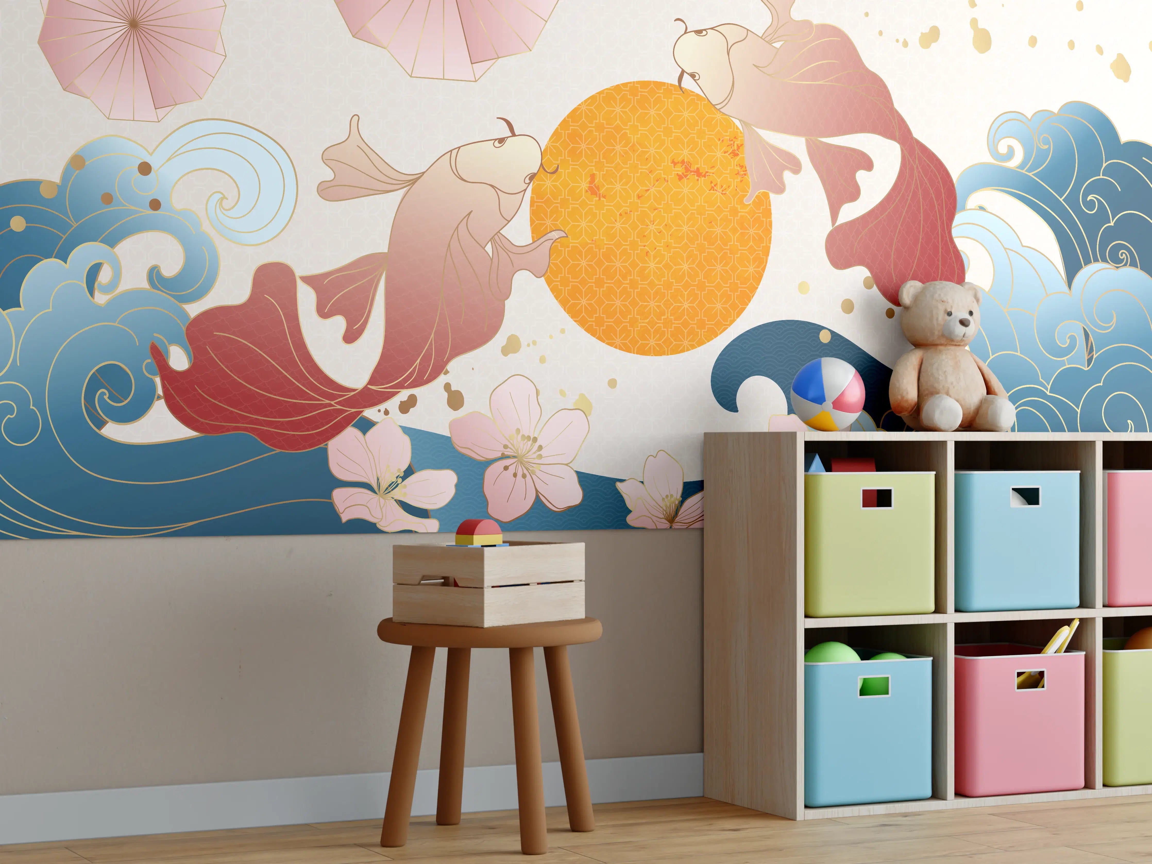 Kinderzimmer Wandgestaltung - Japanische Koi-Fische mit Sonnenmotiv