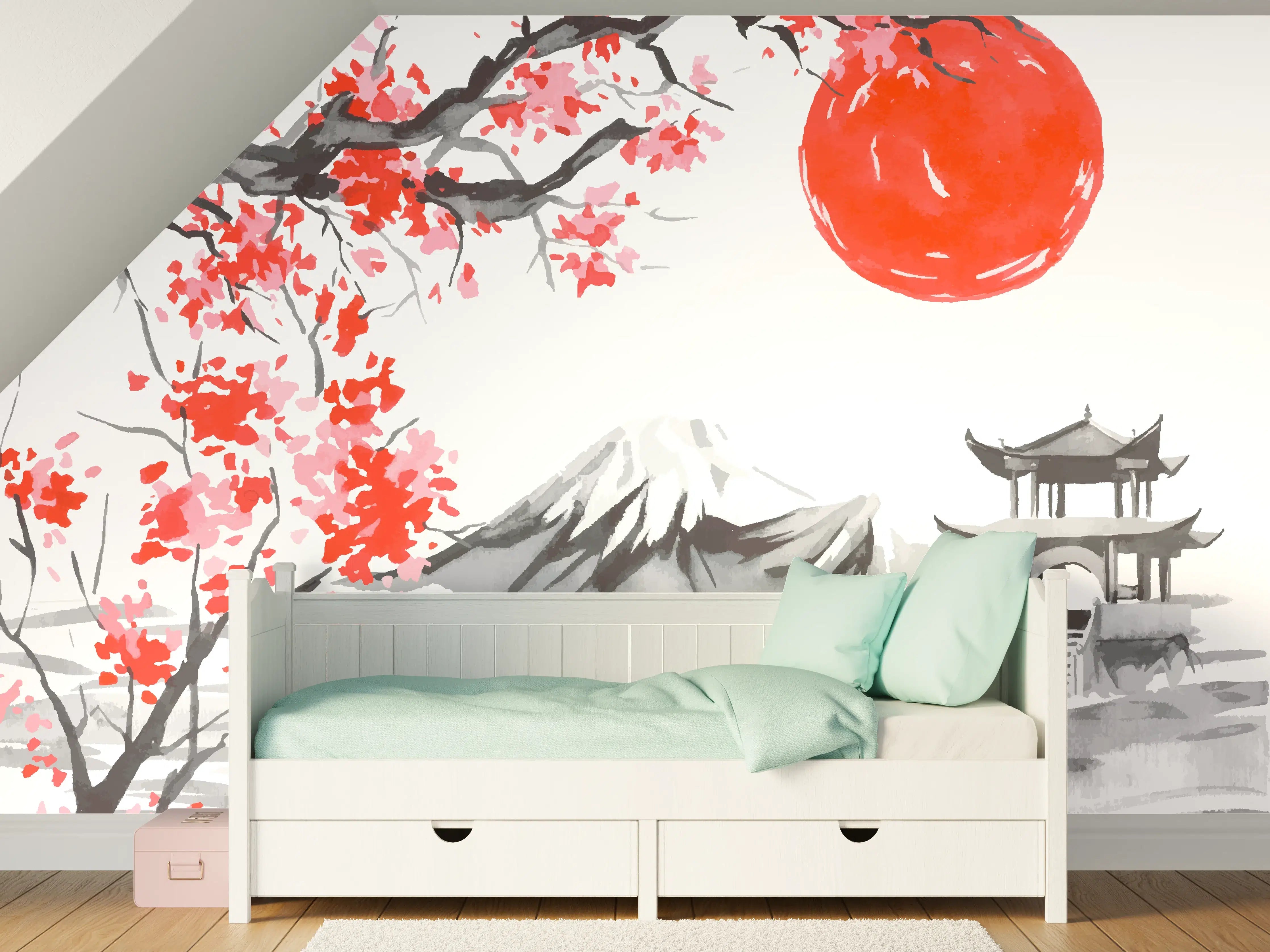 Kinderzimmer Wandgestaltung - Japanische Landschaft mit Kirschblüten und Sonnenuntergang