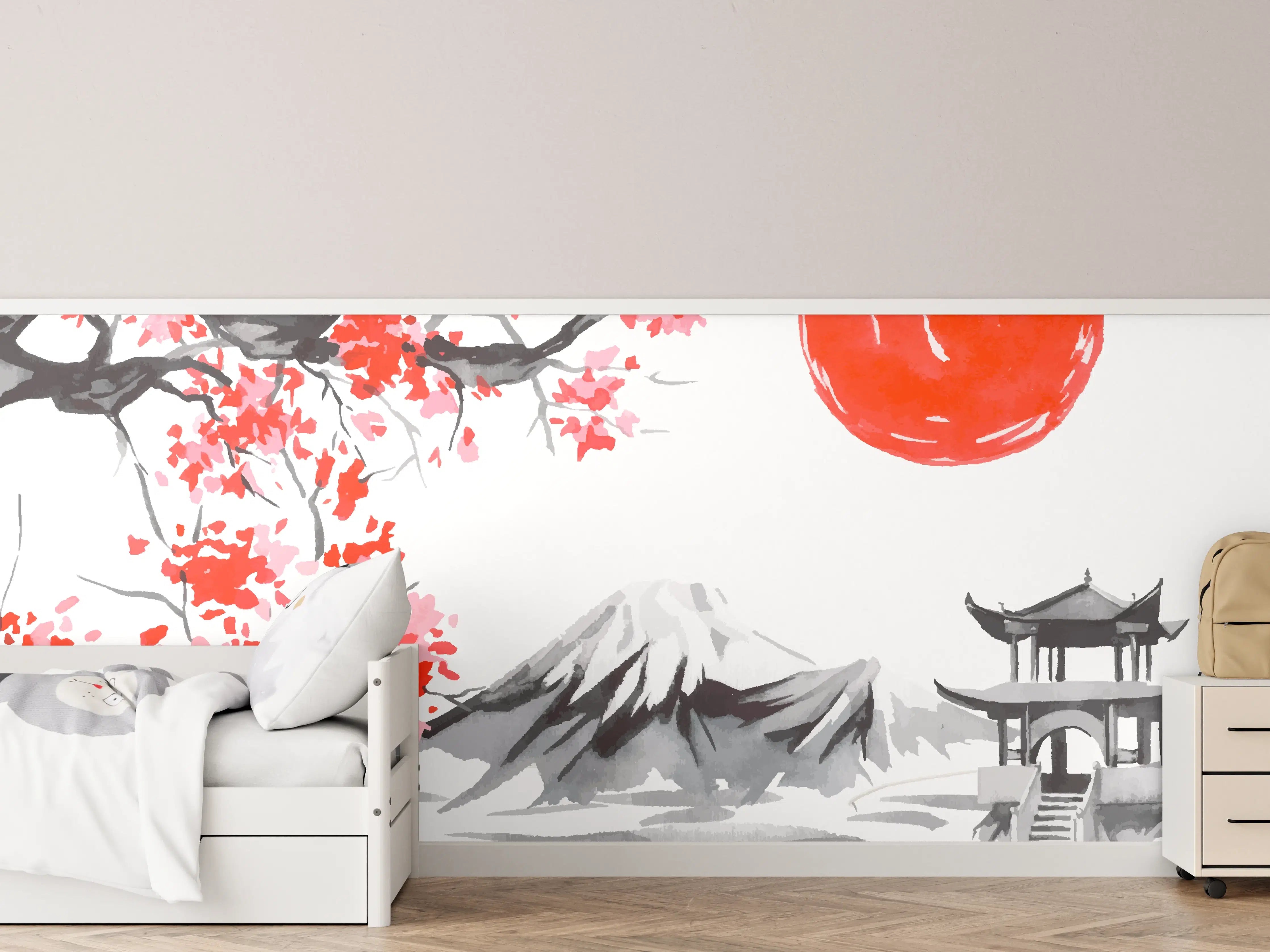 Kinderzimmer Wandgestaltung - Japanische Landschaft mit Kirschblüten und Sonnenuntergang