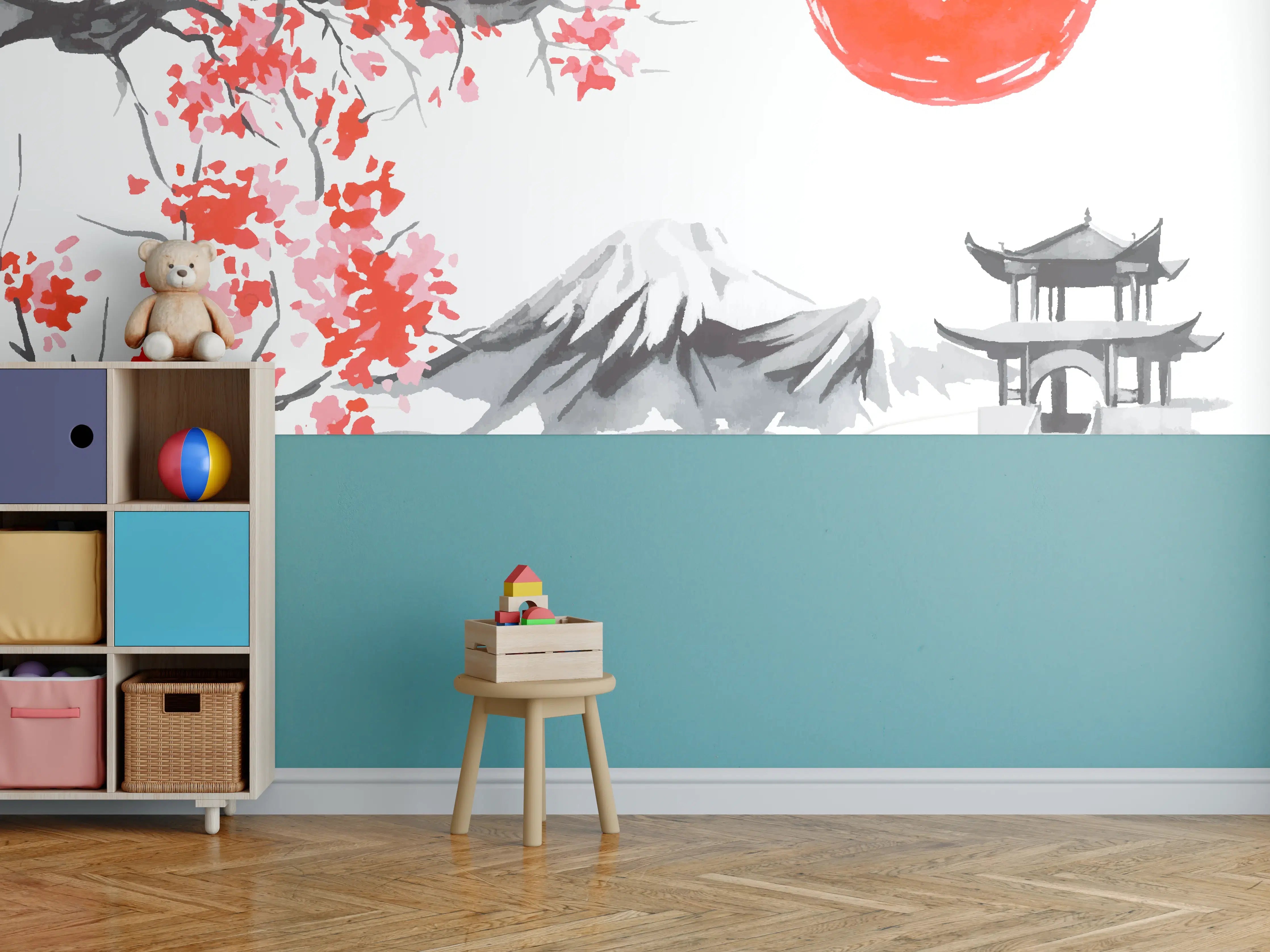 Kinderzimmer Wandgestaltung - Japanische Landschaft mit Kirschblüten und Sonnenuntergang