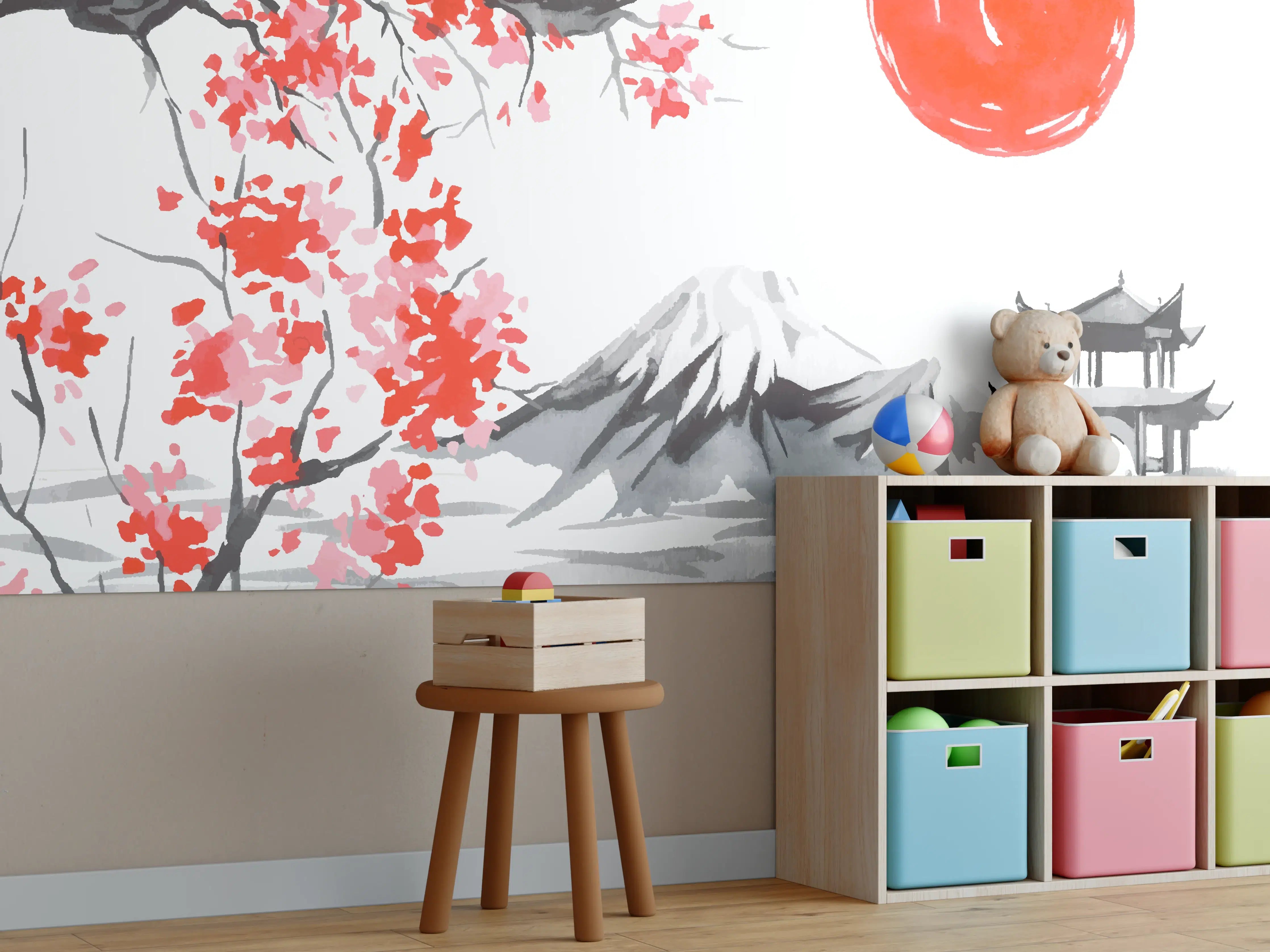 Kinderzimmer Wandgestaltung - Japanische Landschaft mit Kirschblüten und Sonnenuntergang