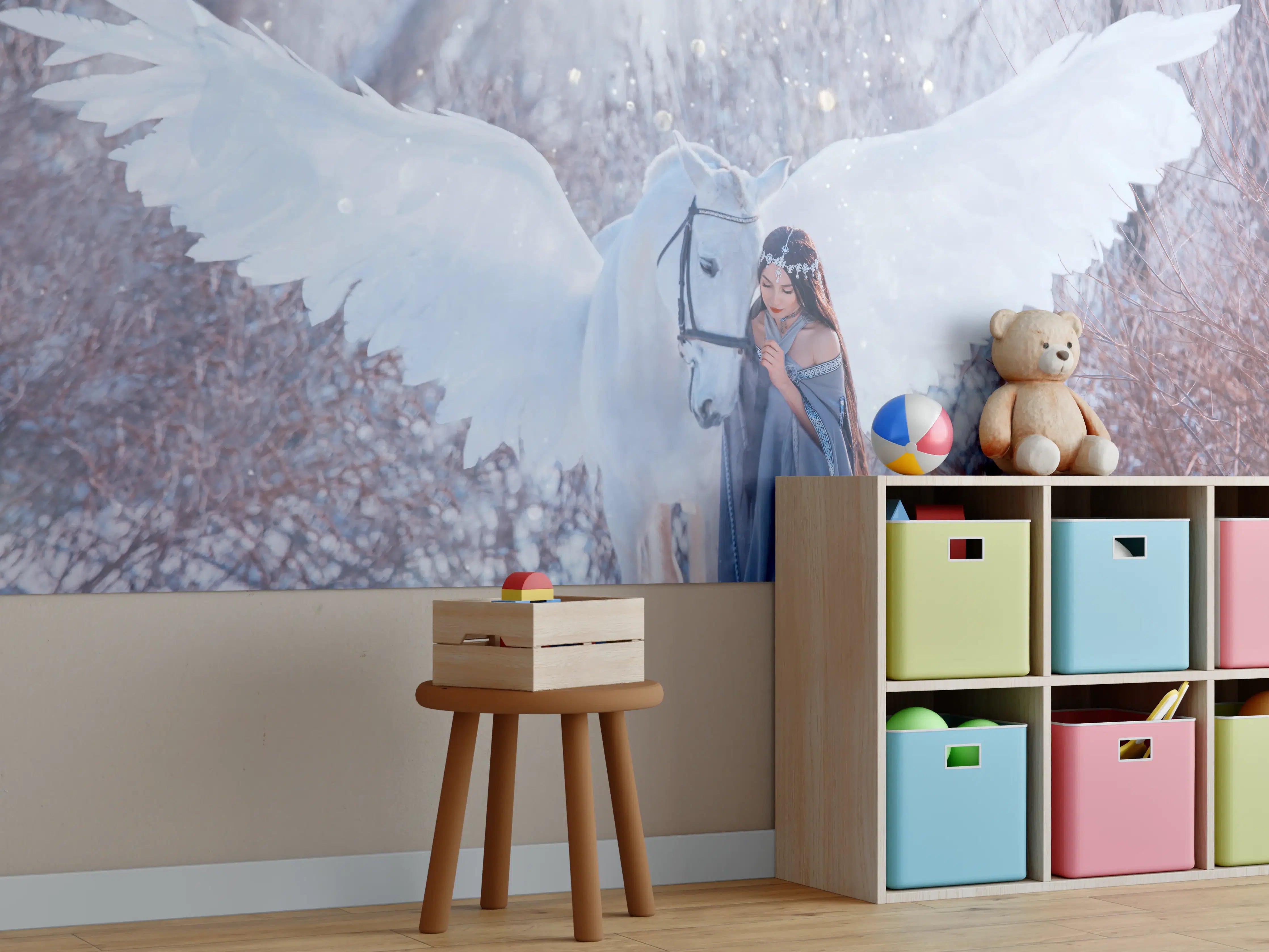 Kinderzimmer Wandgestaltung - Junge Frau mit mythischem Pferd