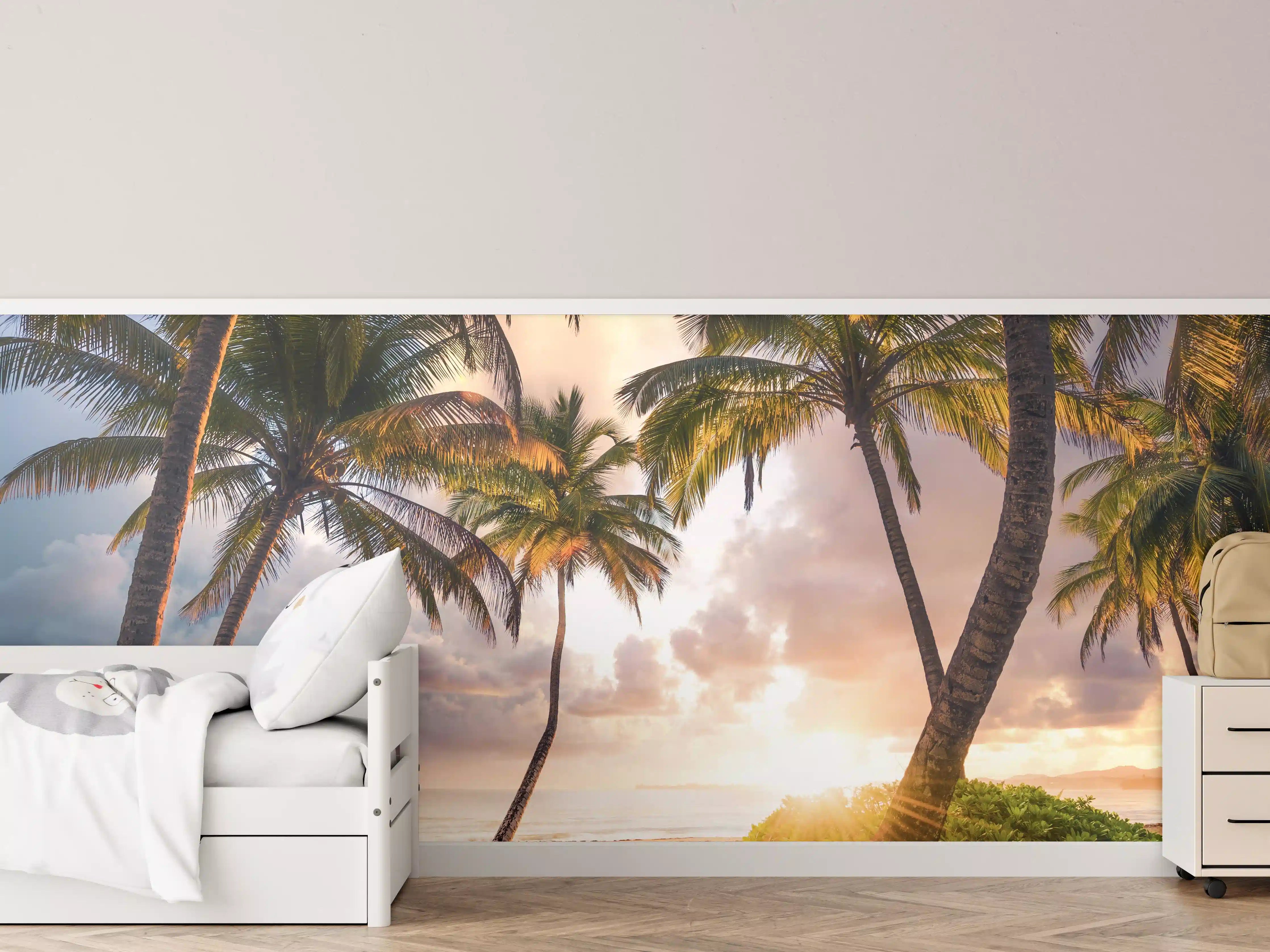 Kinderzimmer Wandgestaltung - Karibik Strand Sonnenaufgang Palmen